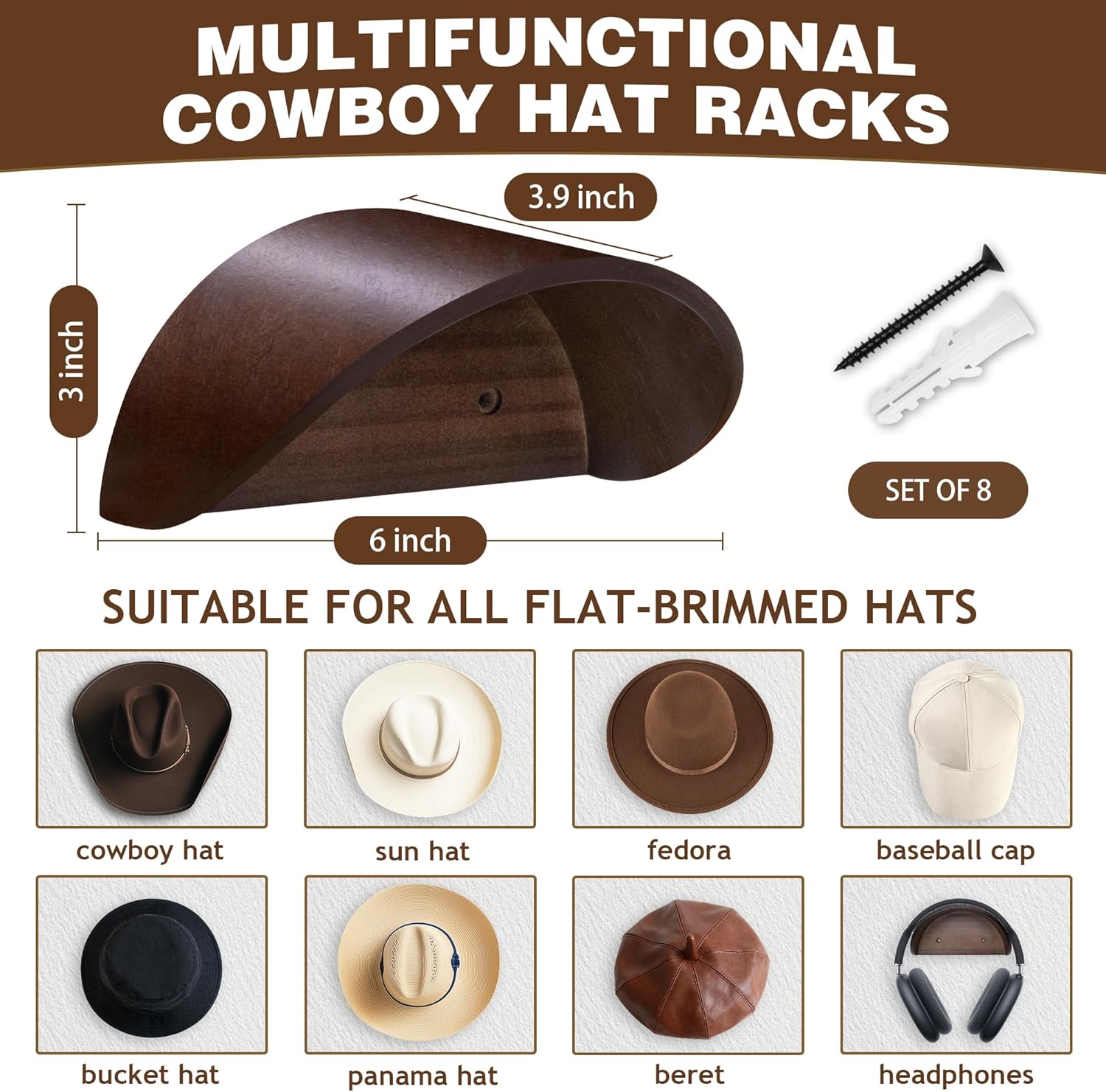 Cowboy Hat Holder Rack for Wall, 4 Pack Hat Hooks with Non-Damage Brim Design, Rustic Wood Hats Hanger on Wall to Keep Original Shape of Hats, for Home, Closet, Entryway, Cabin, Western Room Decor
