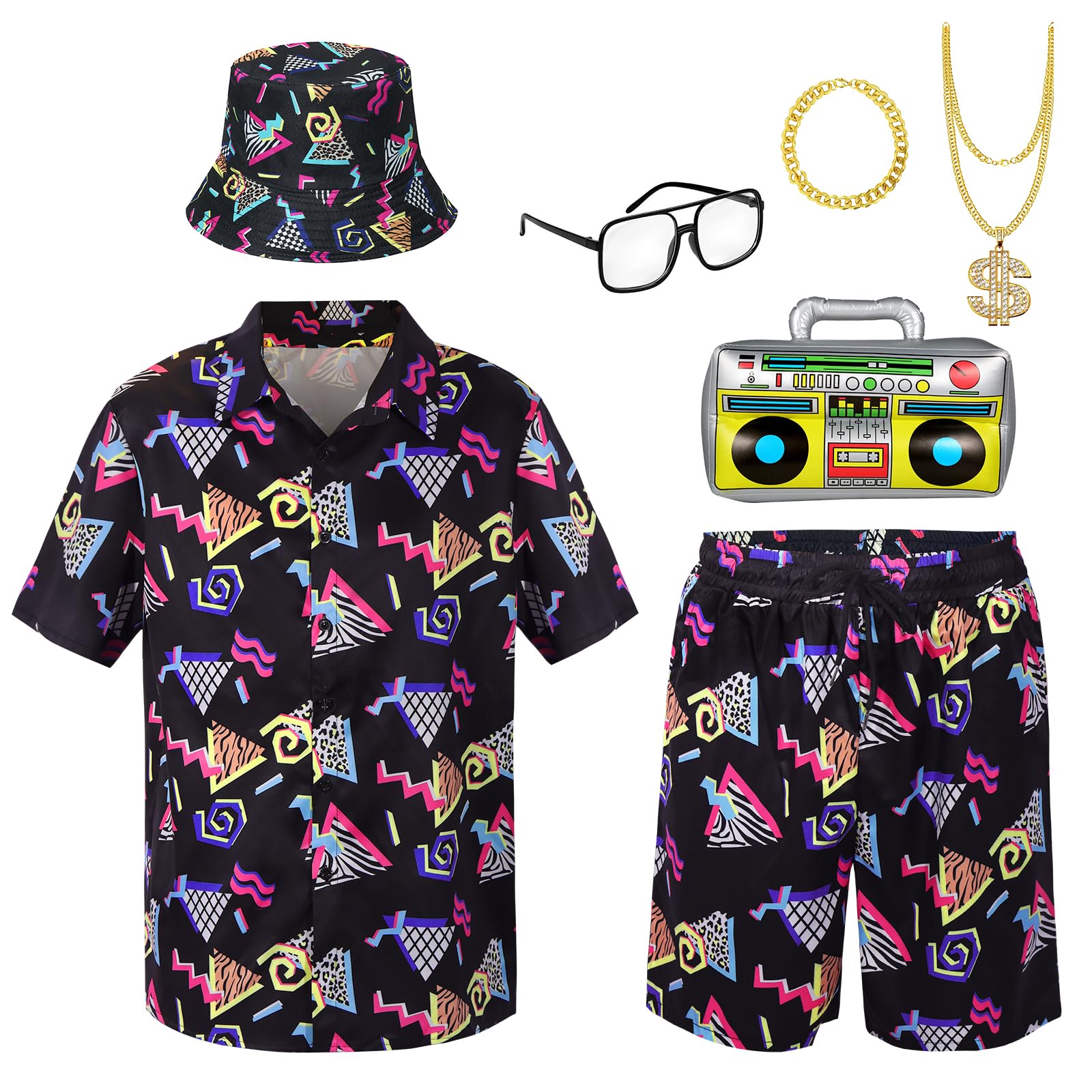80S 90S Hip Hop Outfit for Men 7Pcs 70er Disco Outfit Rapper Costumes Bucket Hat Shirt Shorts Bucket Hat Glasses Necklace Bracelet Inflatable Radio Cosplay Fancy Dress for Disco Party (Adult, 2XL)