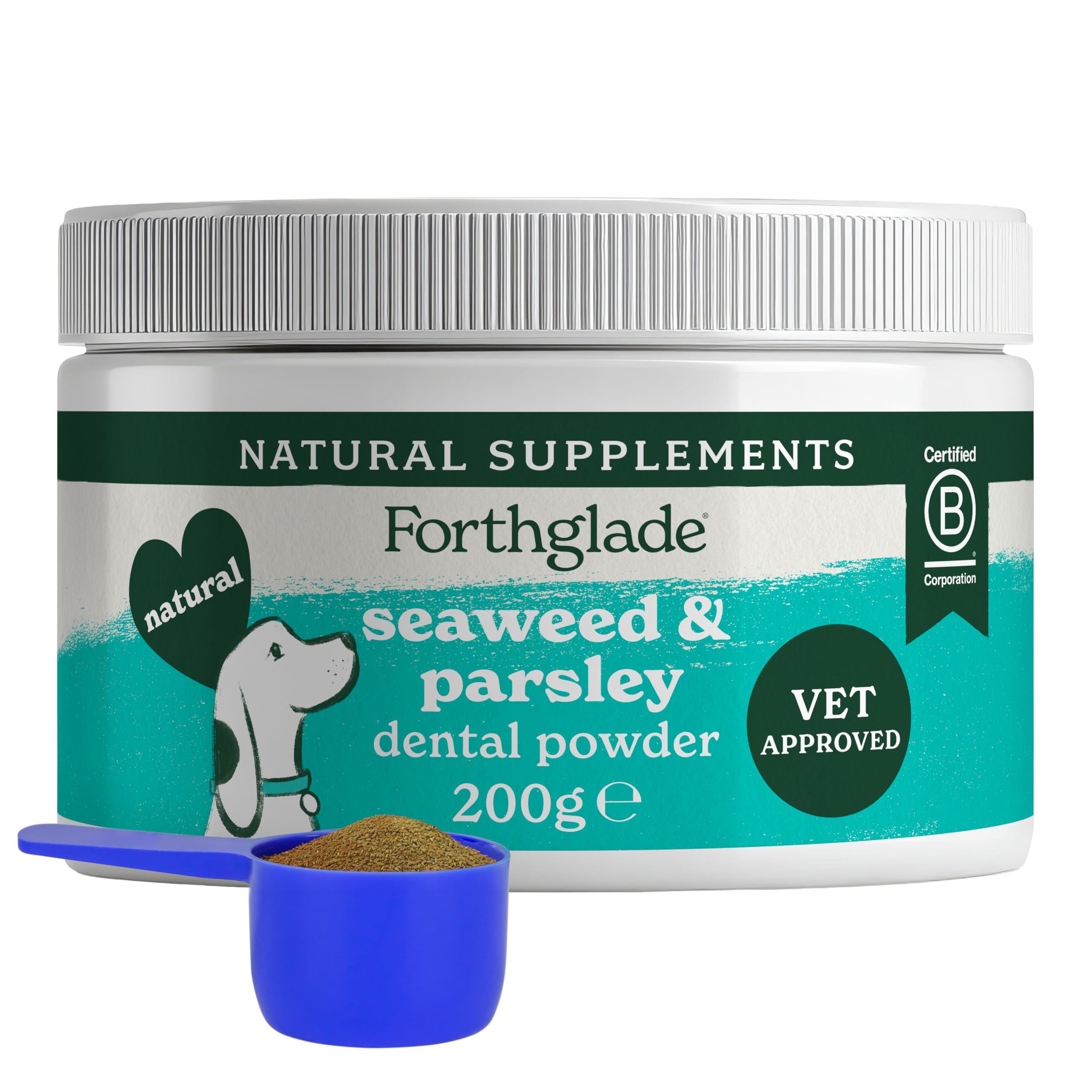 Forthglade Dog Dental Powder, 200g, Helps Remove Plaque & Tartar, Freshens Breath, Natural & Grain Free Supplement with Seaweed, Parsley, Vitamin C & E for Healthy Gums & Teeth, Easy to Sprinkle