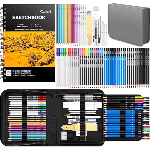 Caliart 176PCS Art Supplies Sketching Kit with 100 Sheets 3-Color Sketch Book, Graphite Colored Charcoal Watercolor & Metallic Pencils, Drawing Supplies Christmas Gifts for Artists Adults Beginners