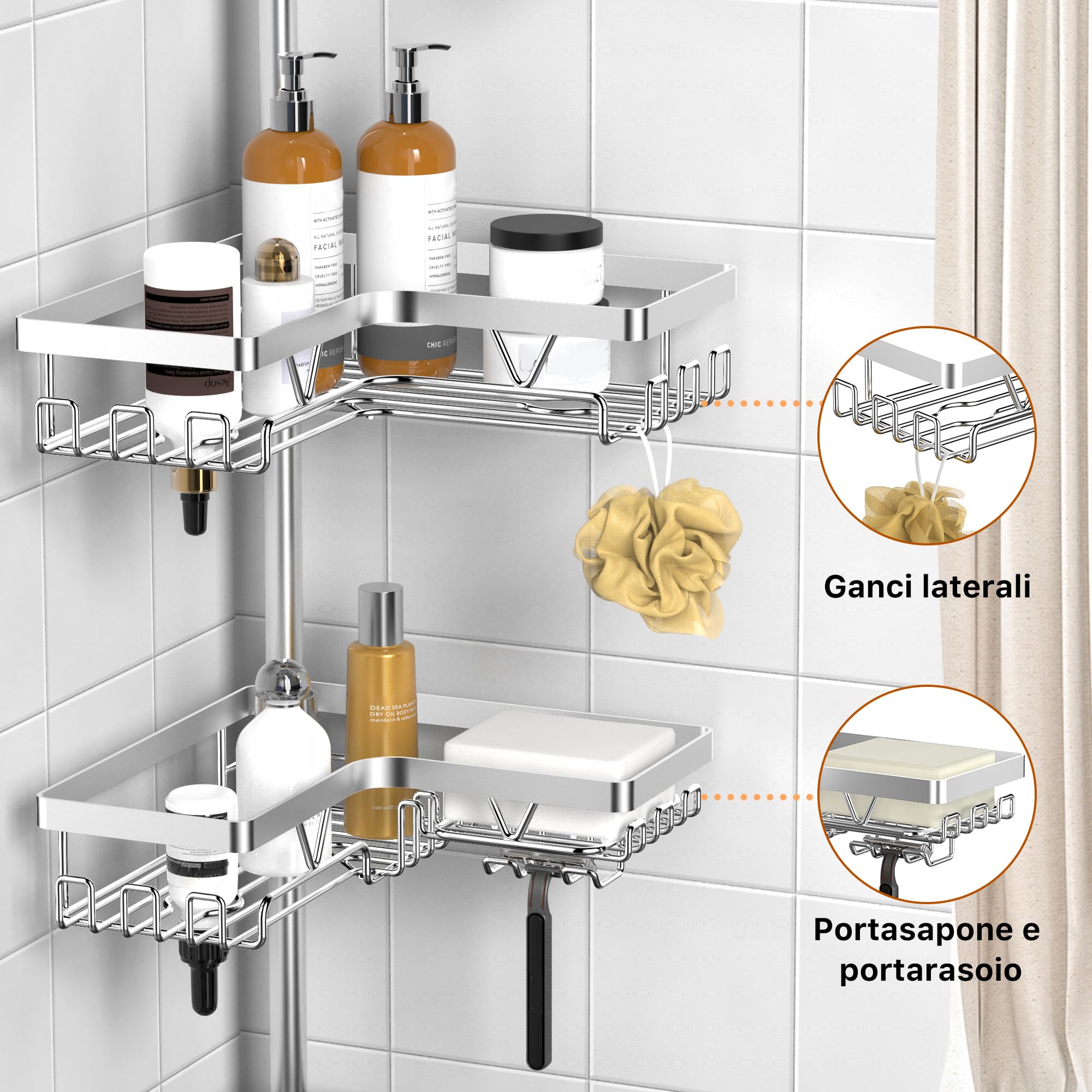 Kegii Telescopico Mensola Doccia - Mensola Bagno Angolare Porta Shampoo Doccia Argento Portaoggetti Doccia Acciaio Inox