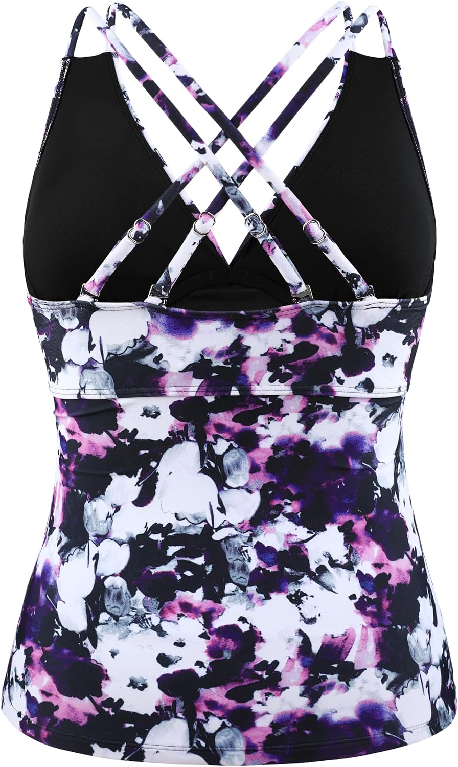 Firpearl Women's Underwire Tankini Top Only Tummy Control Bathing Suit V Neck Push Up Crossover Swimsuit Top - Image 7