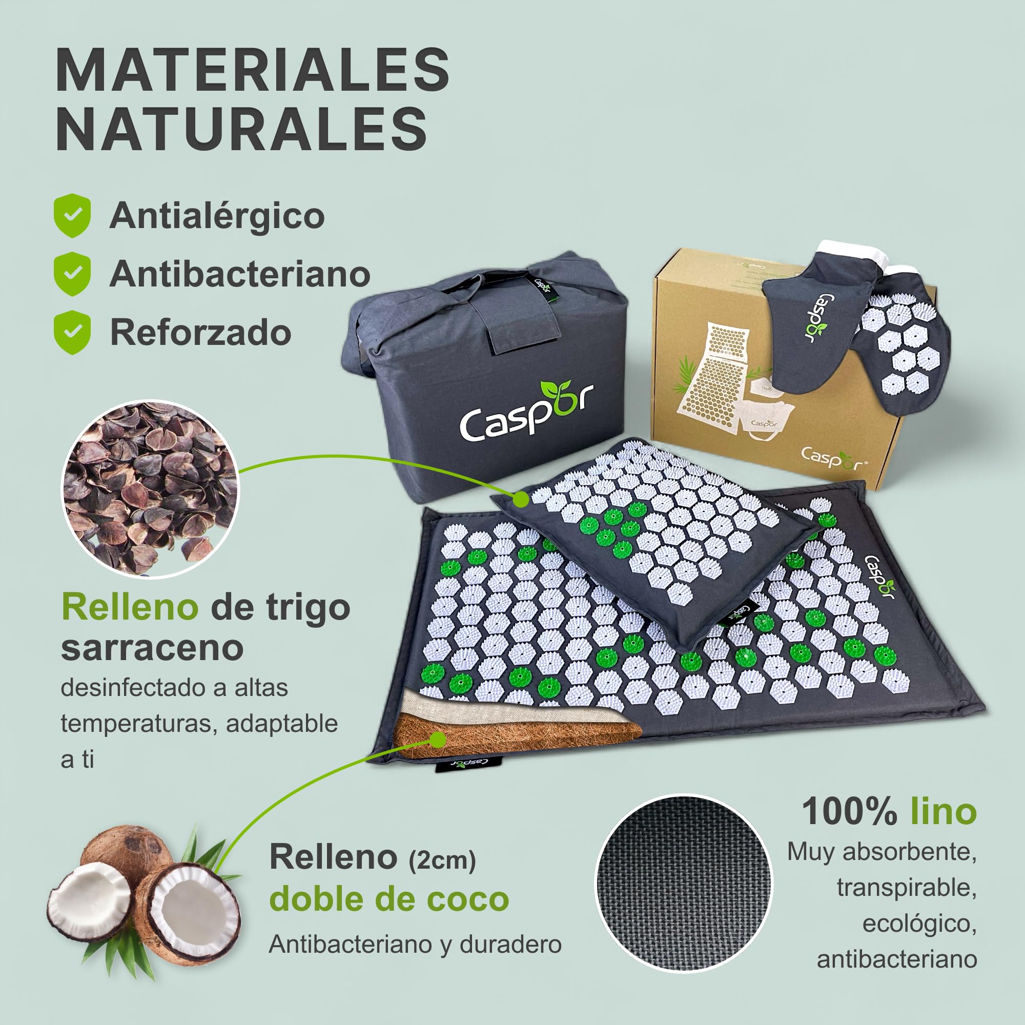 Akupressur Eco Set - Esterilla de acupresión con cojín, bolsa, guantes de masaje de lino 100% con fibras de coco, ganador de pruebas mate 05/24 para el dolor de espalda Caspor®