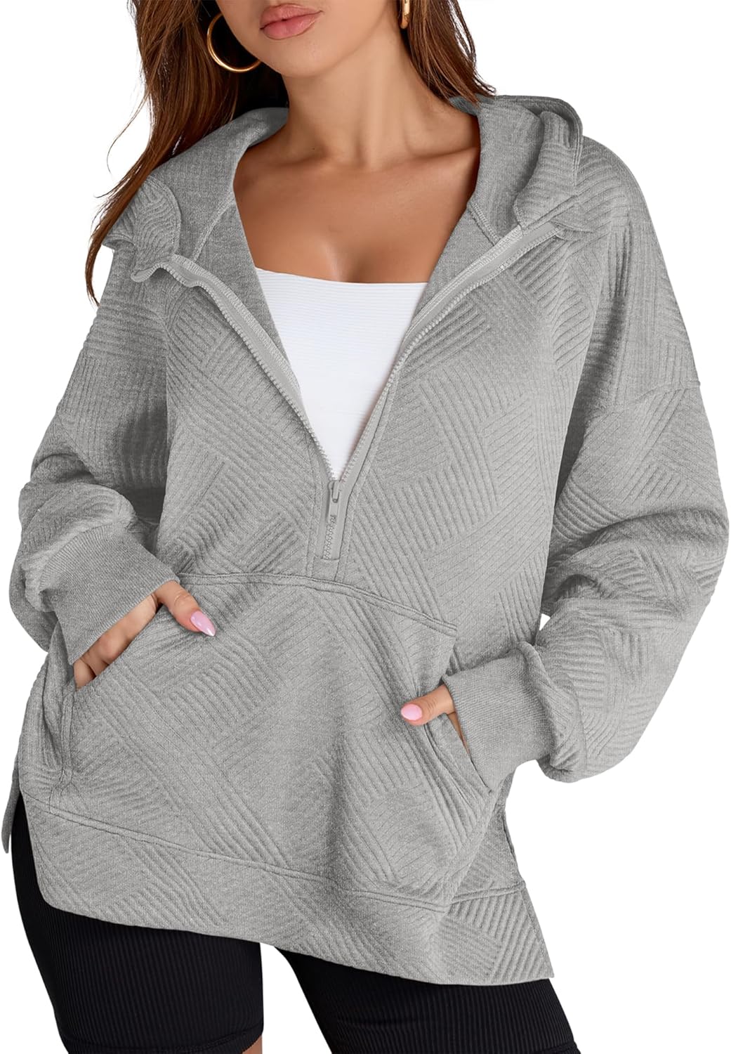 LOMON Womens Oversized Half Zip Hoodies Long Sleeve Textured Casual Sweatshirts Loose Fall Pullover Tops with Pockets