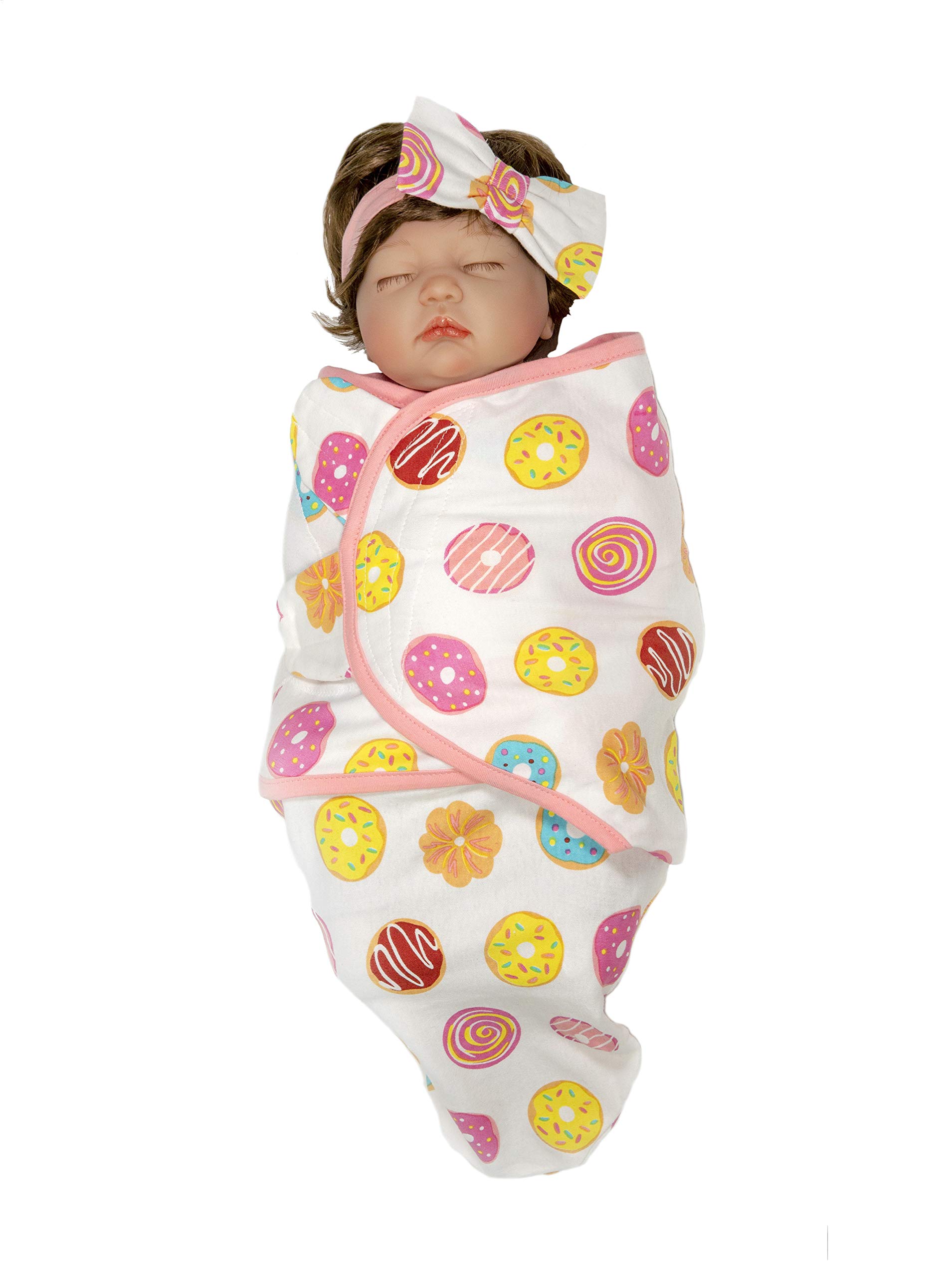 Swaddle Blanket Set with Headband for Baby Girl, Easy Adjustable, Organic Cotton, Newborn Gift - Donuts
