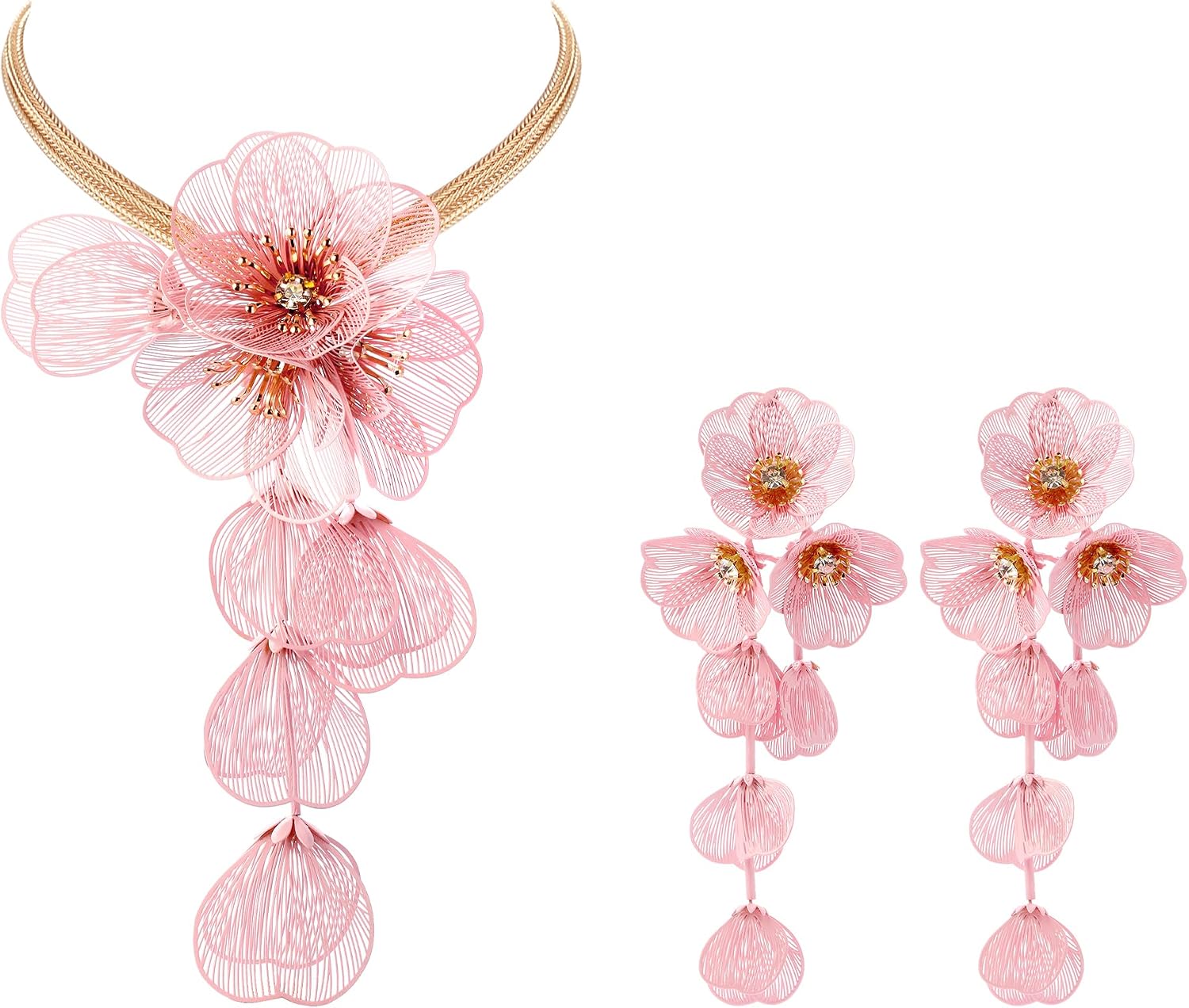 BriLove Strand Statement Flower Necklace for Women, Shiny Chic Floral Collar Bib Necklaces Dangle Earrings Jewelry Summer Beach Holiday Costume Prom Pink