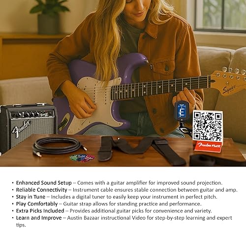 Miniatura 3 de Fender Squier Sonic Stratocaster - Paquete ultravioleta con amplificador, sintonizador, correa, cable, púas y DVD de guitarra Austin Bazaar