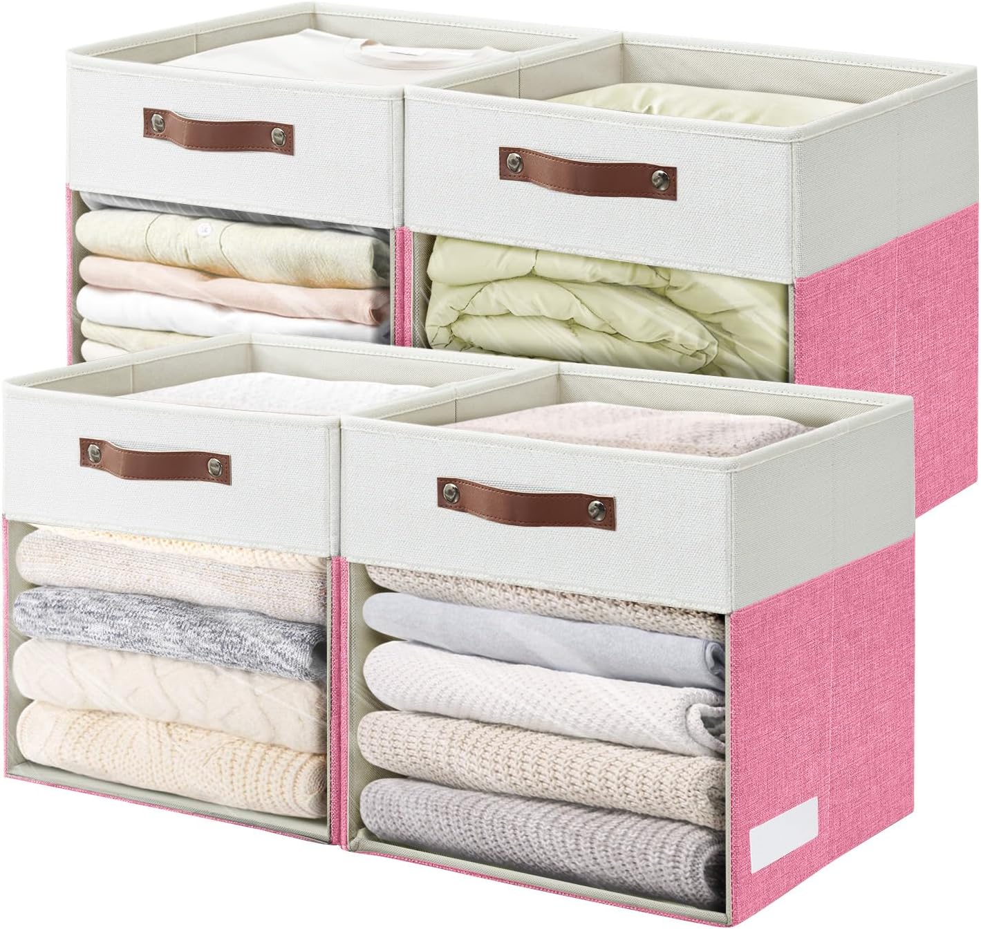 Storage Cubes, 4 Pack Linen Foldable Storage Bins (13 x 13 inch) with Clear Window and Handles, Fabric Organizer for Shelf Closet, Clothes, Books - (Pink and White) Pink / Off-White