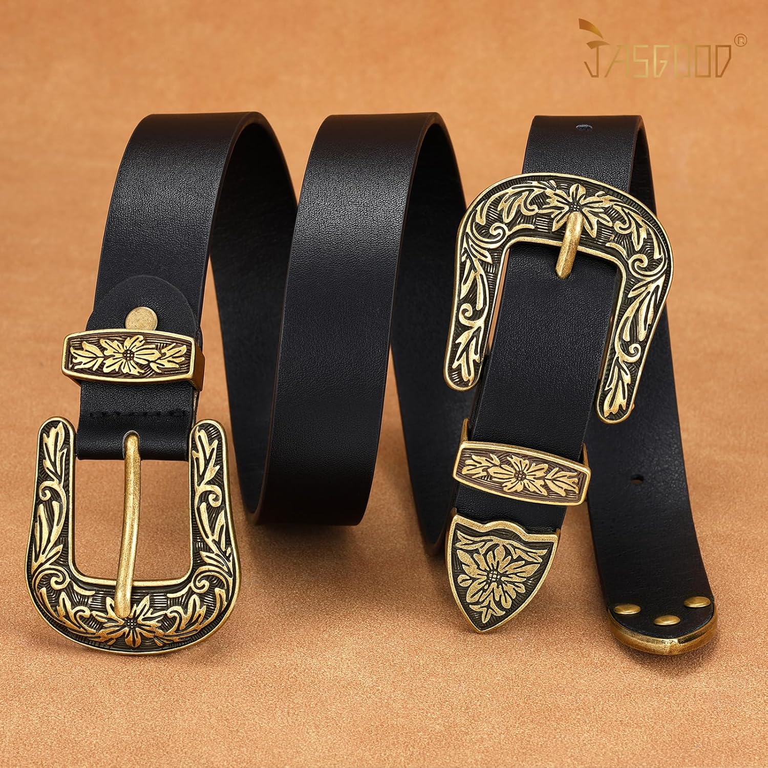 JASGOOD Double Buckle Western Belts For Woman Cowgirl Country Belt Vintage Black Leather Belt For Jeans Pants Dresses - Image 2