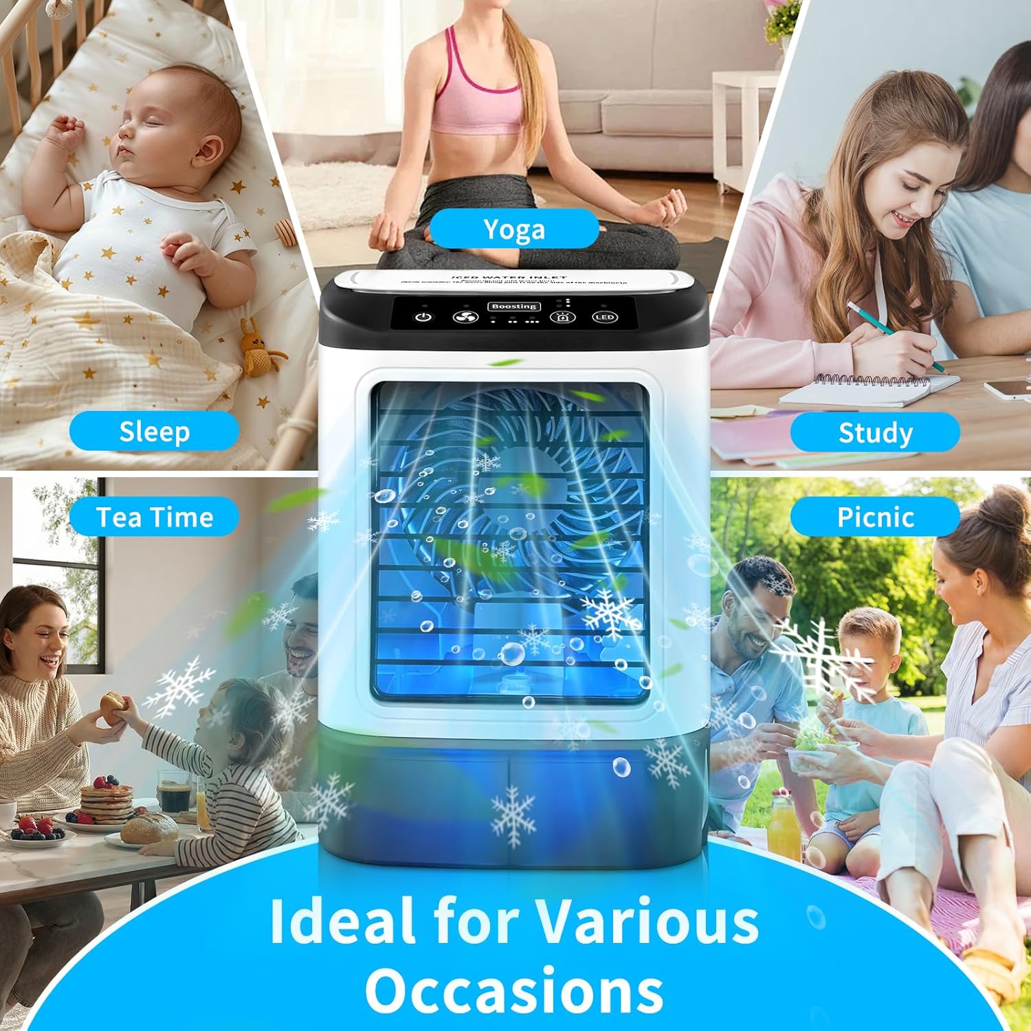 4-in-1 Mini Air Conditioners, Rechargeable Portable Evaporative Air Cooler with Ice Box, Water Tank, 3 Speeds and 2 Sprays Modes, Quiet Operation, Personal Cooling Fan for Bedroom, Office, Outdoor