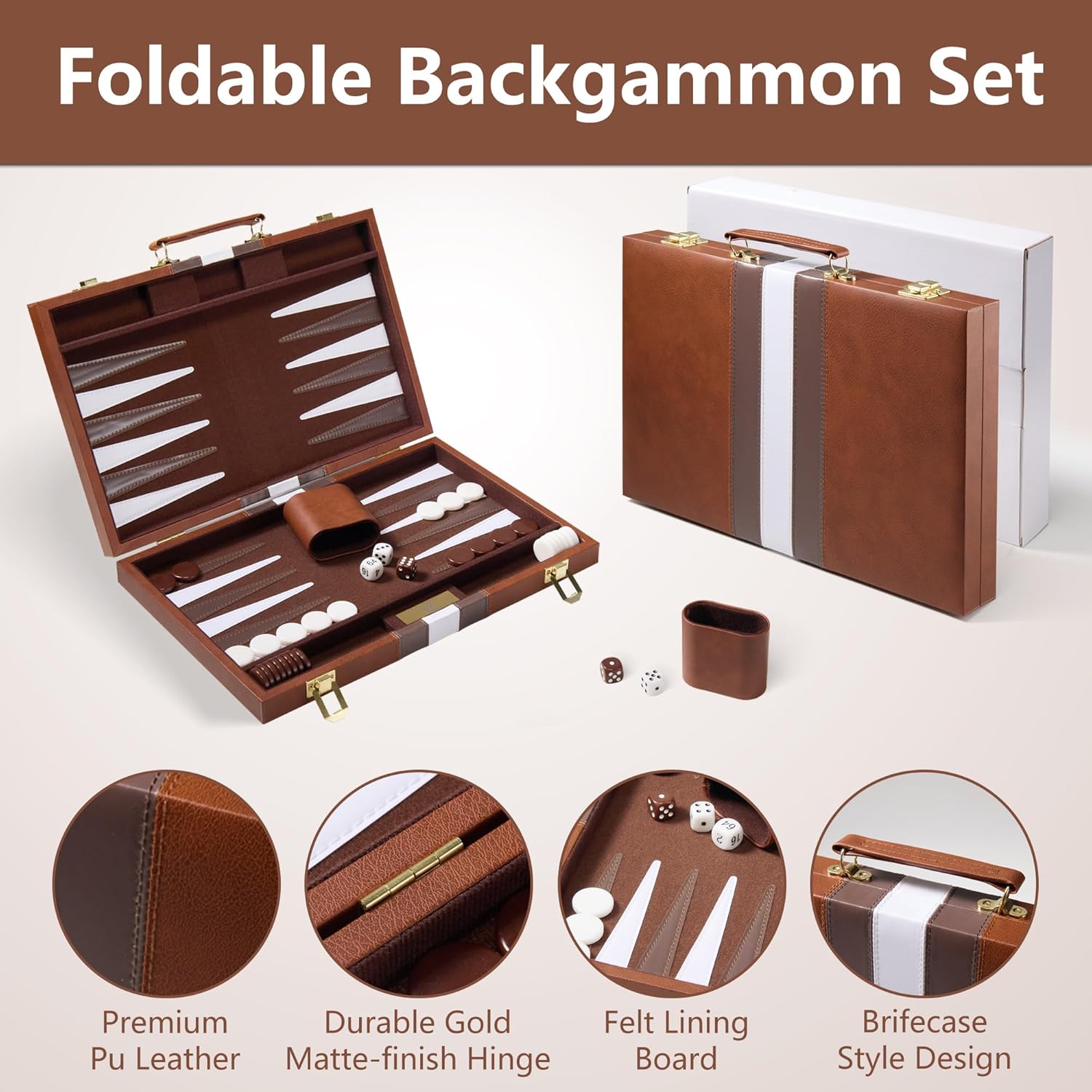 Large Backgammon Sets for Adults - 18 inch Classic Board Games with Premium Leather Case - Travel Backgammon Strategy Game Set for 2 Players - Portable Brown Backgammon Set - Gift for Men