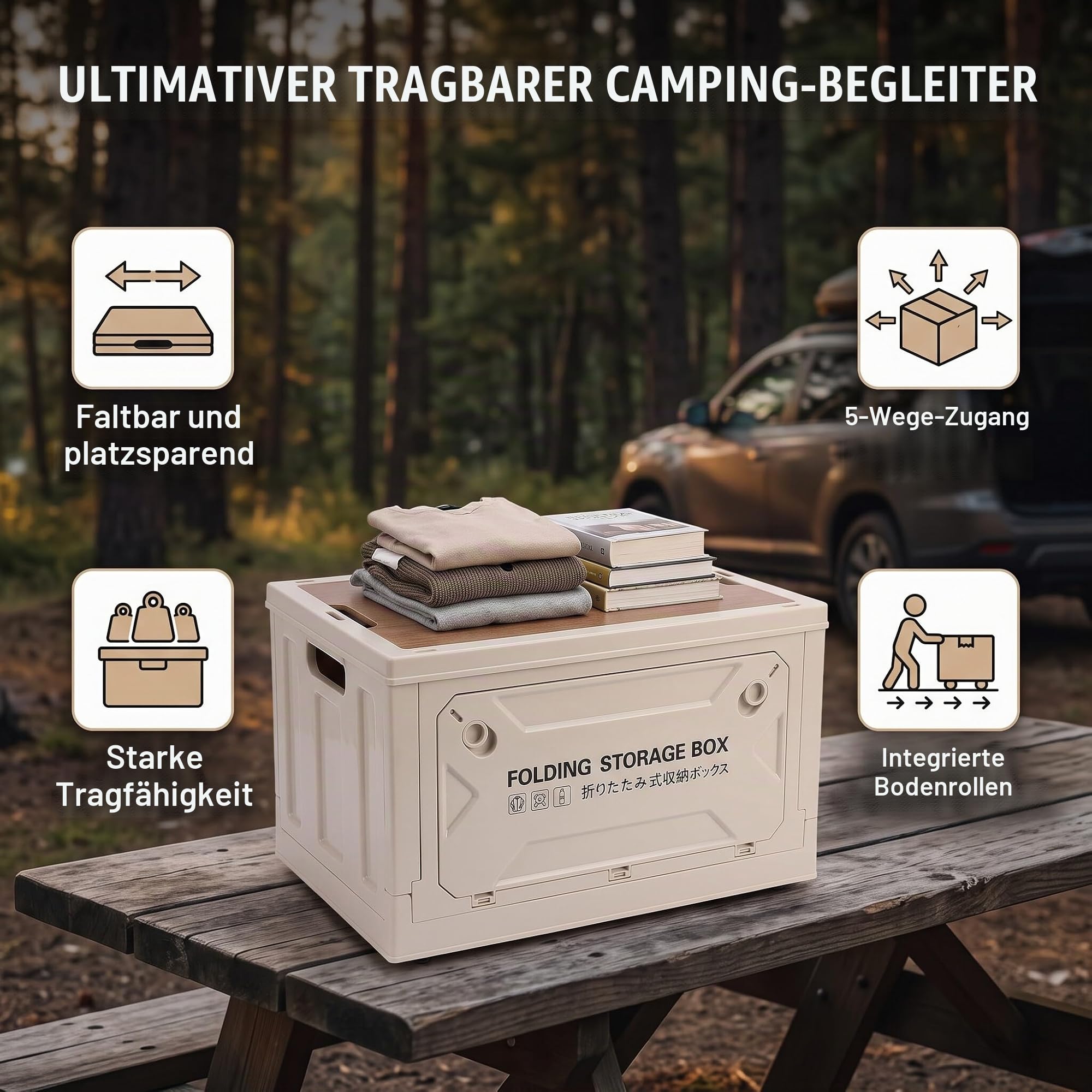 Ejoyous Aufbewahrungsbox mit Deckel, 50L, Grau-weiß, Faltbare Campingbox mit 5 Rollen für Auto Kofferraum