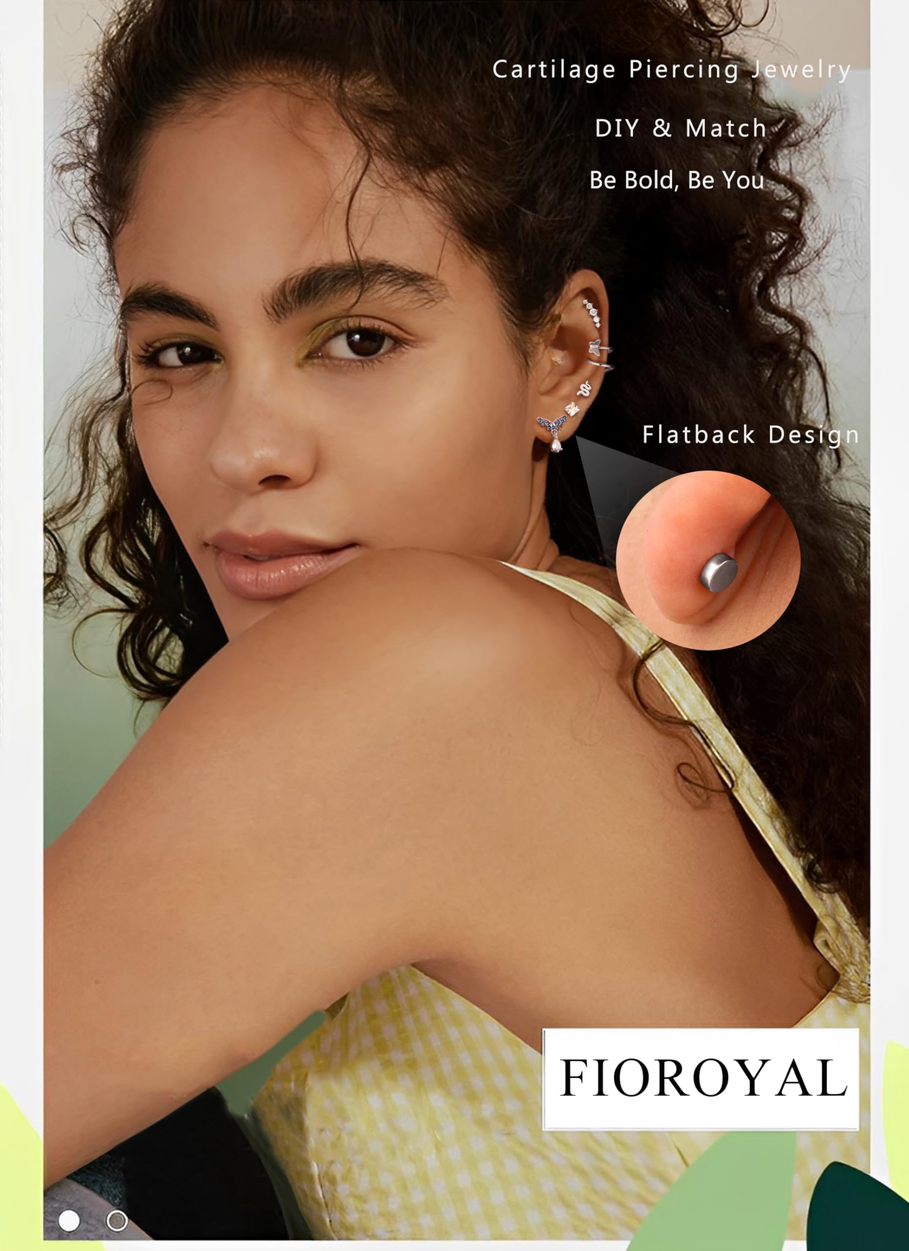 FIOROYAL Kolczyki do piercingu ucha, hipoalergiczne, ze stali chirurgicznej, dla kobiet, mężczyzn, małe, z płaskim tyłem, chrząstka, obręcz, łańcuszek, chrząstka, kolczyki, biżuteria, 27 szt.