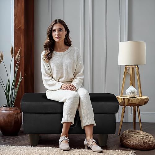 Miniatura 7 de GRETERST Banco otomano rectangular de almacenamiento, reposapiés de franela con tapa con bisagras para sala de estar, dormitorio, entrada, negro,