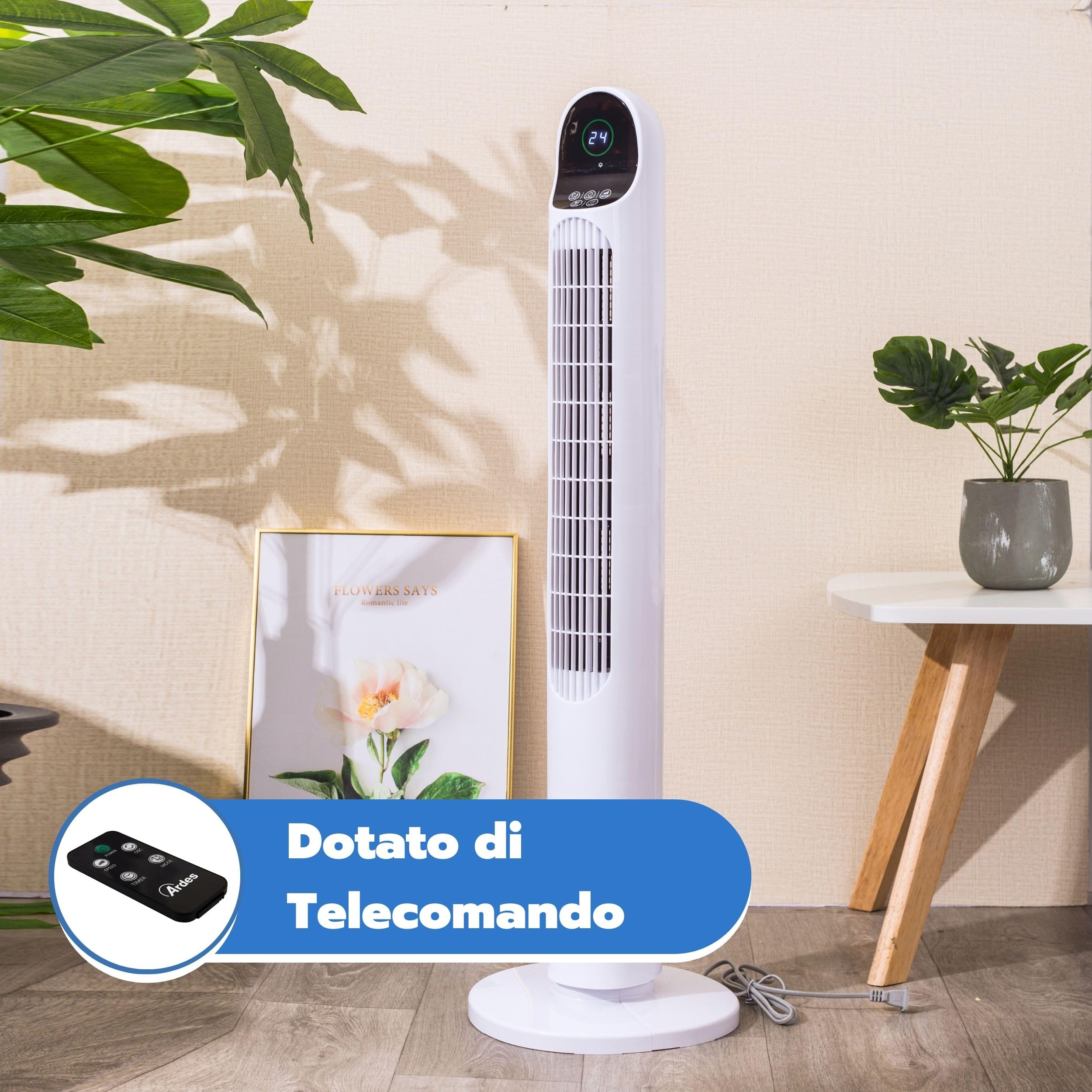 ARDES | AR5T1000 Ventilatore a Colonna Altezza Torre 100 cm ad Oscillazione Automatica con Telecomando e Pannello Di Controllo Digitale con 3 Intensità e Timer Ventilatore Torre Bianco