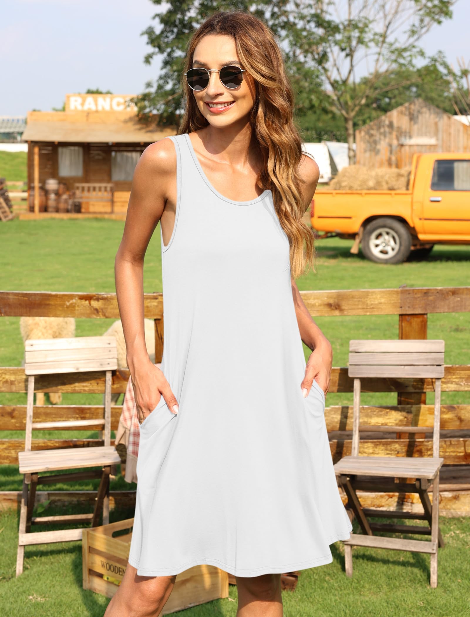 AUSELILY Vestidos de Verano Mujer 2023 Vestidos de Verano para Mujer Casual sin Mangas Plisado Vestido de Mujer con Bolsillo