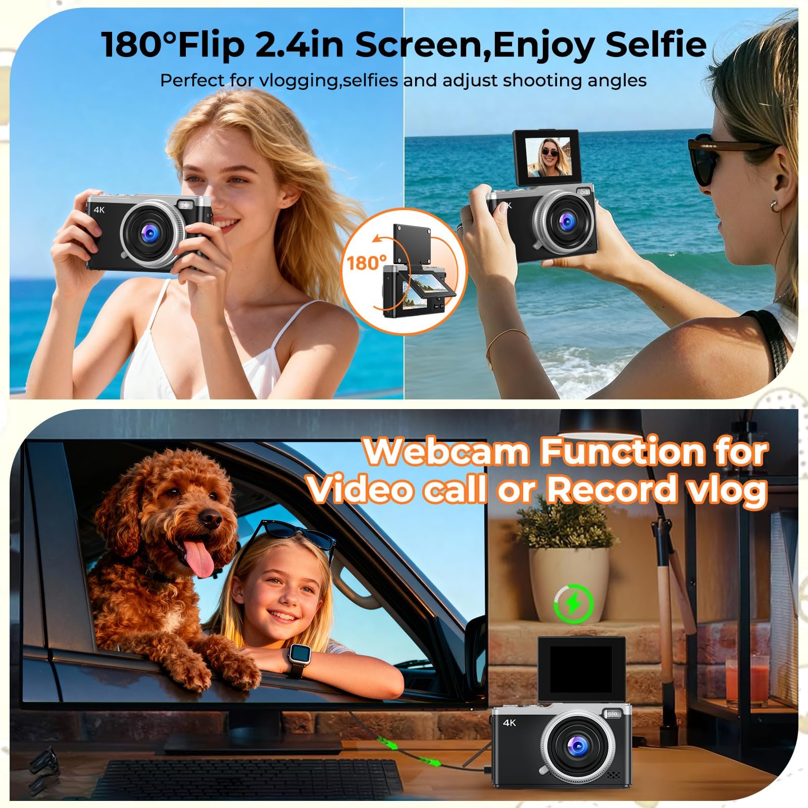 Appareil Photo Numérique 4K Digital - Maxmango 64MP Appareils Numérique avec Écran Rabattable 180° - 2.4" Camera pour Vlog avec Carte 16GB - pour Débutants, Adolescents, Vlogging - Noir