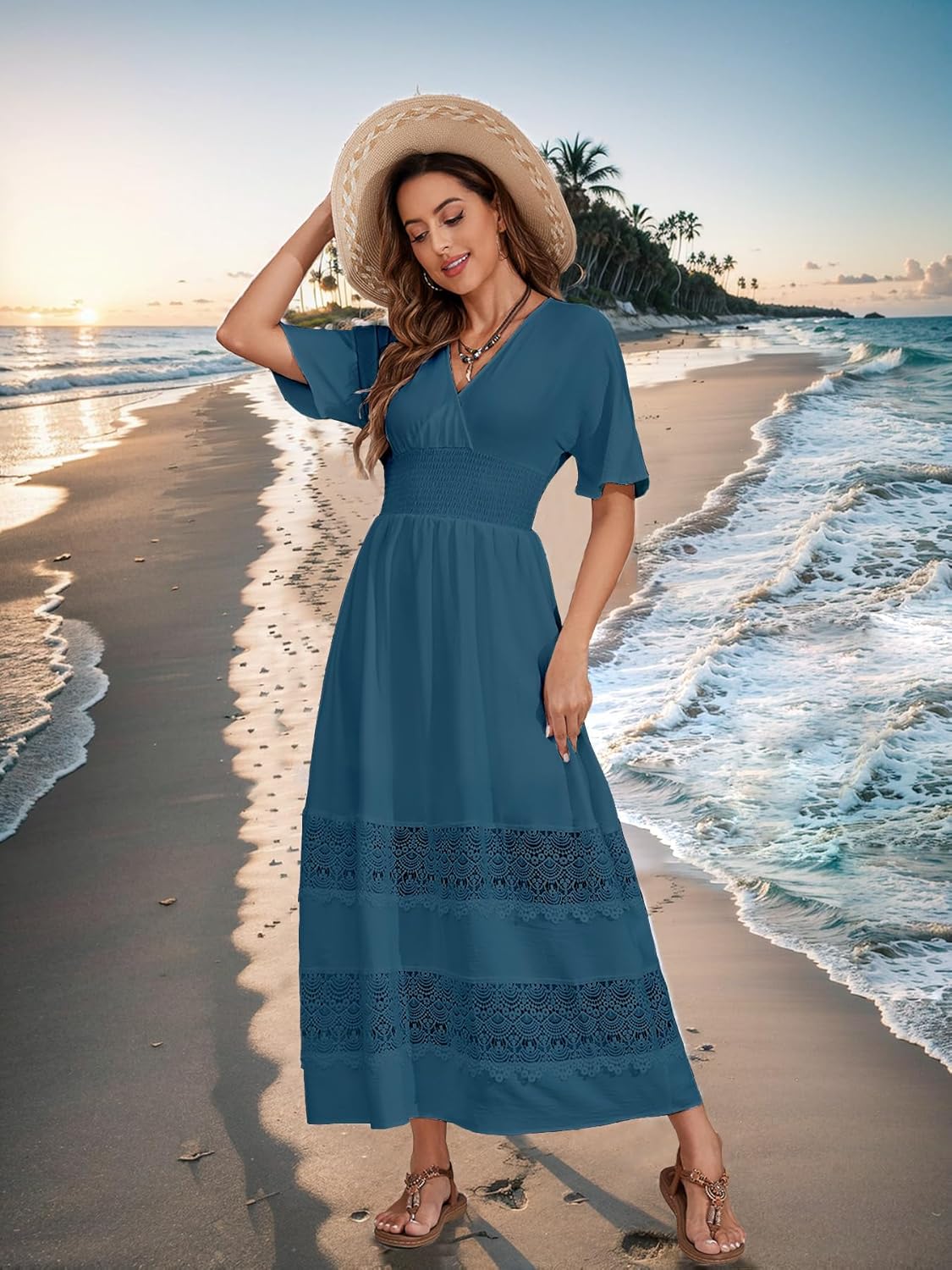 Boho Maxi Dress for Women 2025 Summer V Neck Lace Wedding Guest Dress Smocked Waist Bohemian Long Flowy Dresses - Image 6
