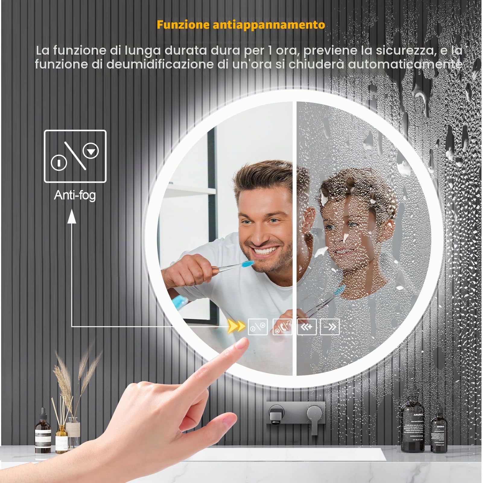 Specchio da bagno con luci LED da parete, antiappannamento, dimmerabile in 3 colori, LED, vetro temperato HD, specchio intelligente Bluetooth, bagno, 60 x 60 cm