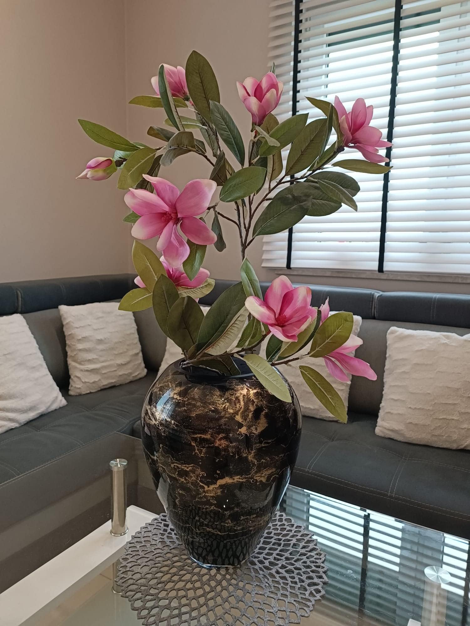 Terroso – Vaso – Vetro nero soffiato a bocca – Aspetto lussuoso, elegante e raffinato – 33 cm di altezza – Effetto marmo – Vaso per fiori