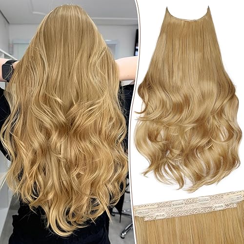 KooKaStyle Extensiones de cabello con alambre invisible, largo, ondulado, transparente, para mujer, tamaño ajustable, 4 clips de seguridad, 20
