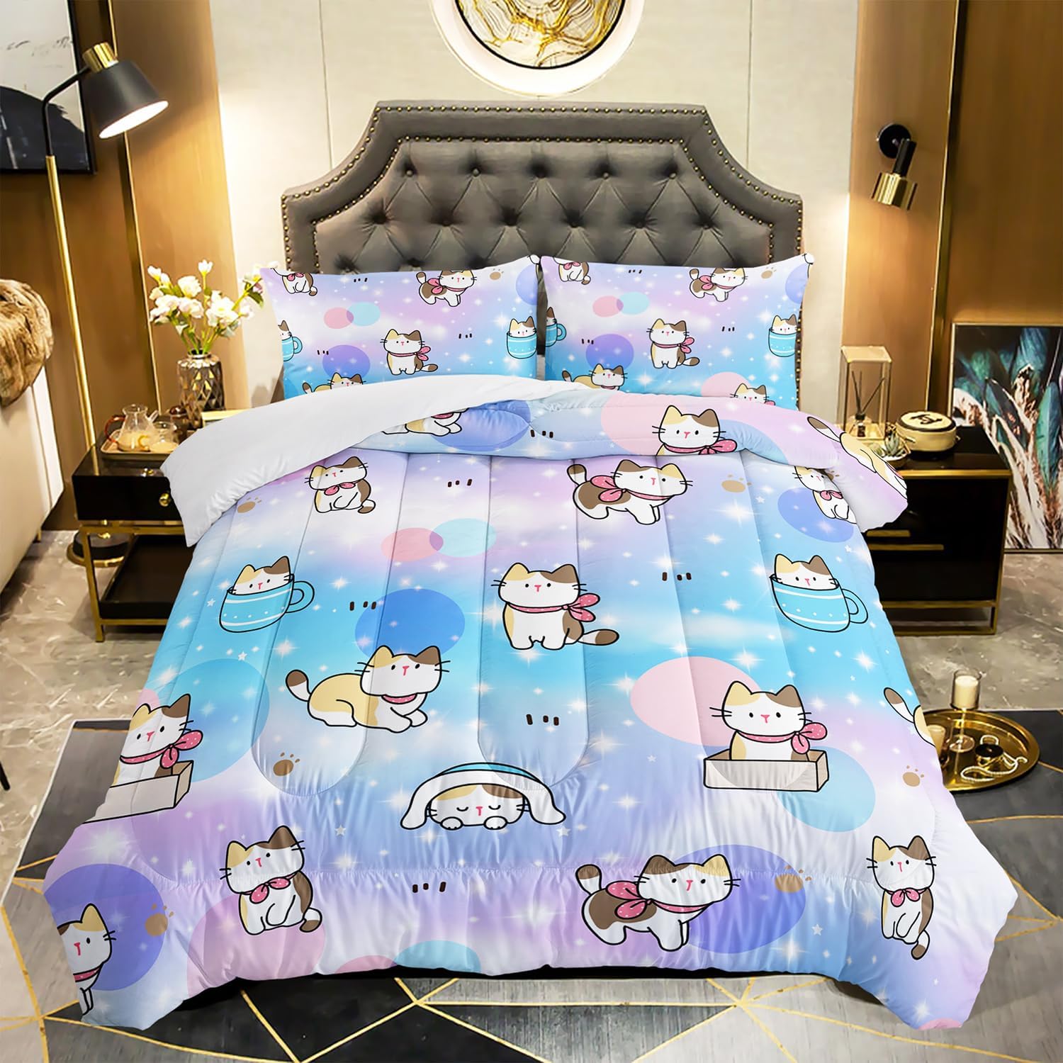 Kids Cute Cat Comforter Set Full Size 3Pcs Colorful Rainbow Glitter Star Bedding Set Lovely Animal Cat Paw Quilt Bed Set for Children Girls Boys Room Decor