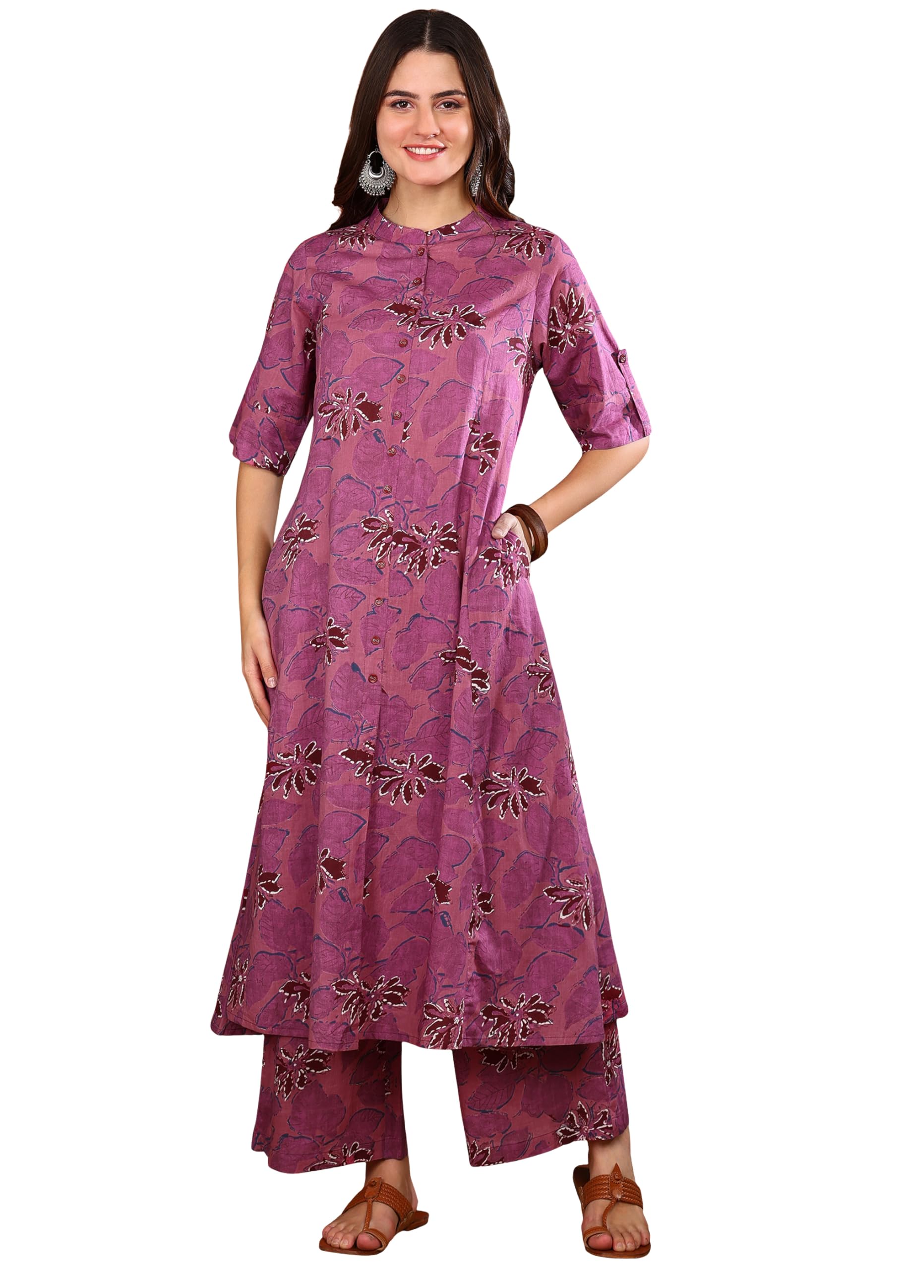 yash gallery Women's Cotton Floral Print Knee Length Half Sleeve A-line Kurta with Pant-picture-22