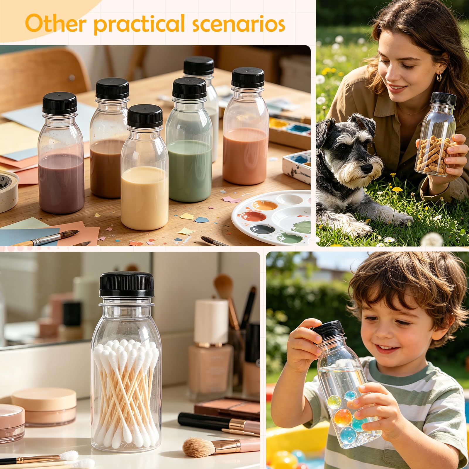 Lot de 16 bouteilles vides réutilisables de 200 ml - En plastique - Avec couvercles - Bouteilles de lait transparentes avec 5 autocollants à fruits - Bouteilles vides en plastique à remplir pour