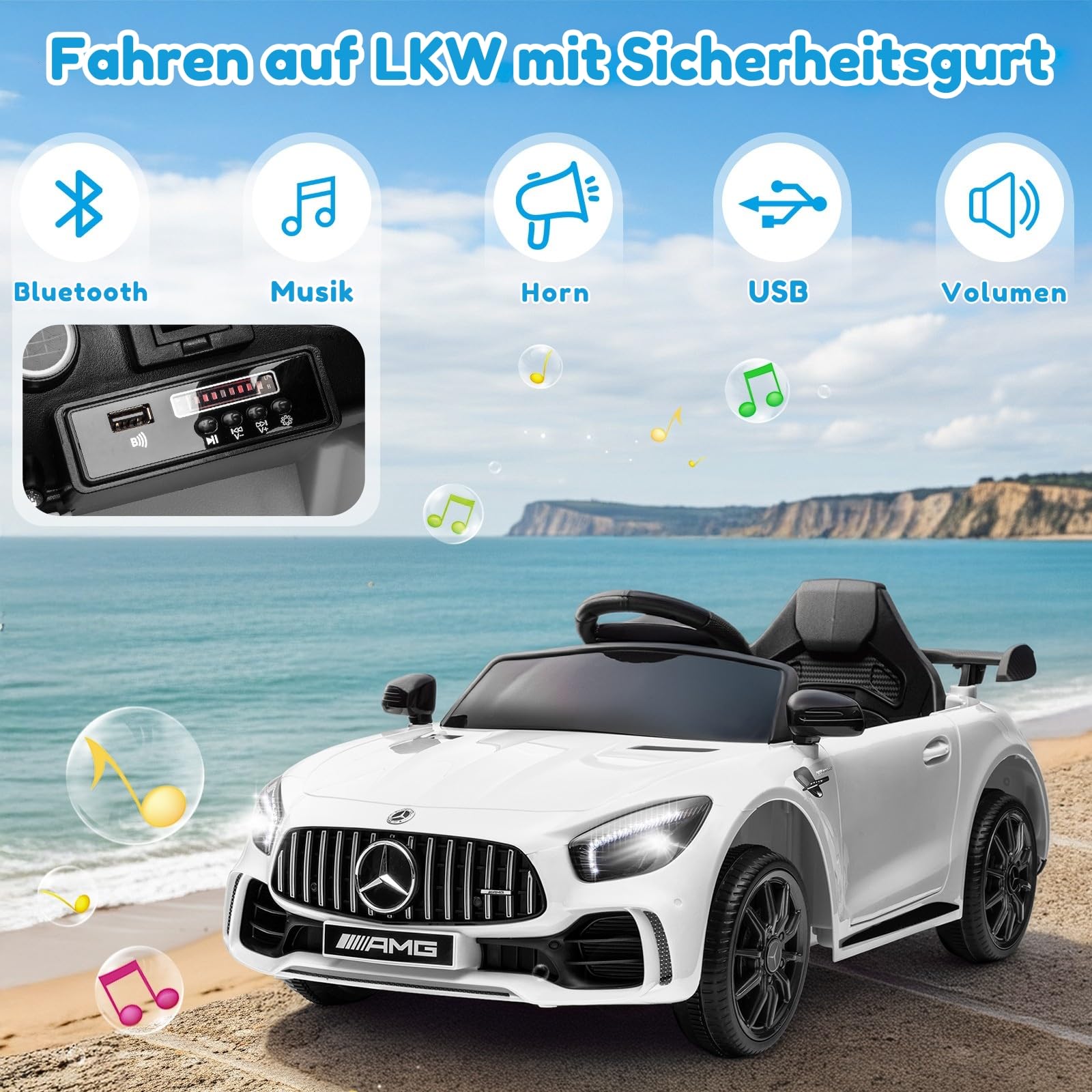 LALAHO Kinder Elektroauto 12V Kinderauto mit 2,4 GHz Fernbedienung Weiß | Elektrofahrzeug 2-türig mit MP3, Hupe, LED-Leuchten