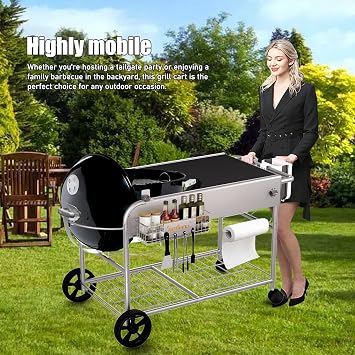 Grill Cart for Weber 47/57cm Kettles, Master-Touch & Jumbo Joe | Alloy steel BBQ trolley with lid holder, prep space, lower shelf and wheels, Outdoor Grill Dining Cart，127 × 61.5 × 79cm