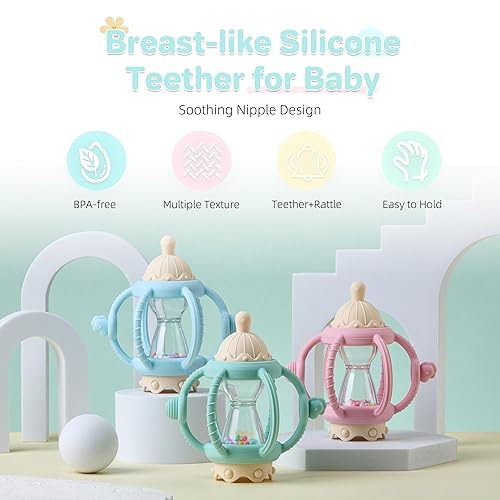 Miniatura 5 de Juguetes sensoriales Montessori para bebés, mordedores de silicona para bebés de 3 a 6 a 12 meses, regalos para recién nacidos, niños y niñas (rosa)