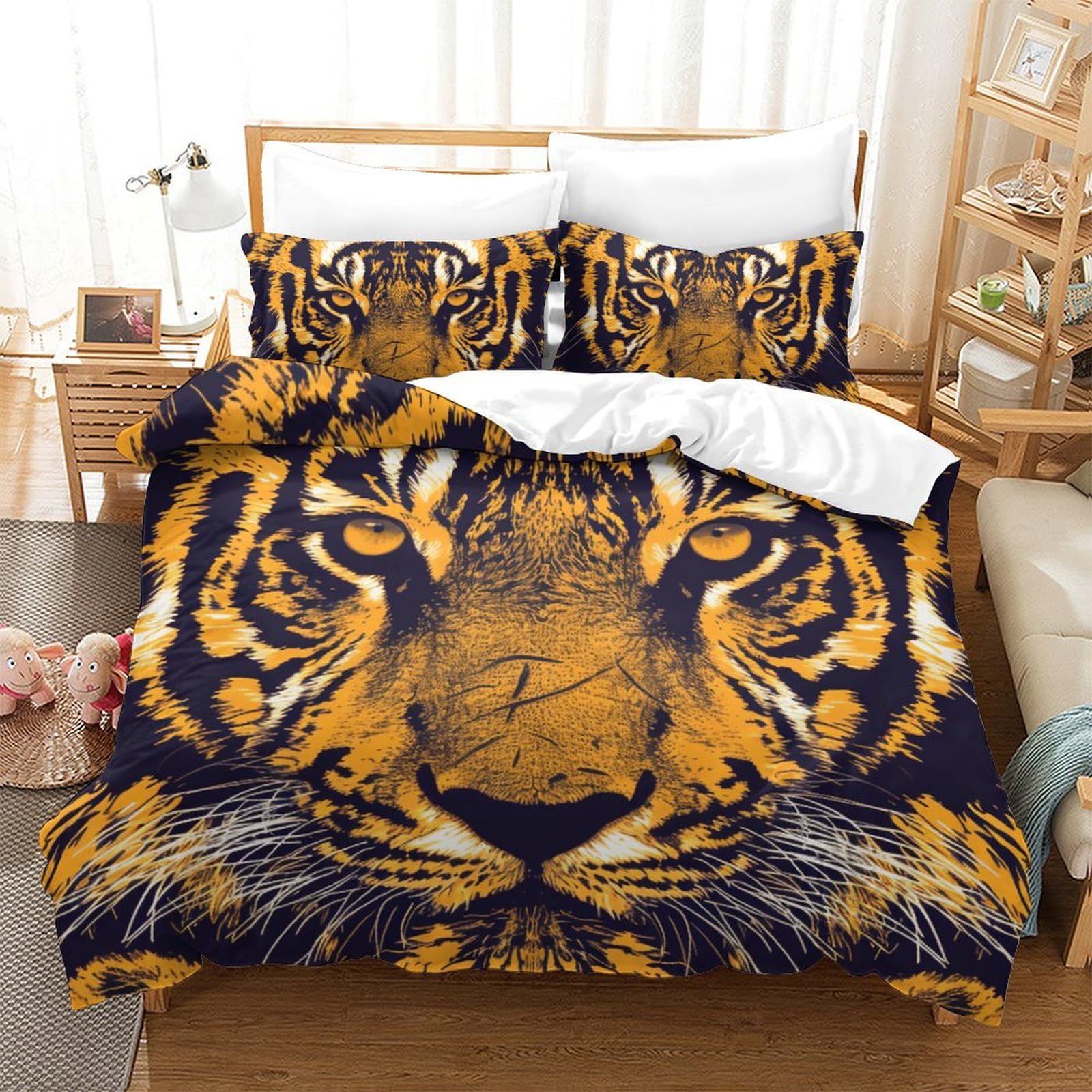 Set housse de couette tigre 3 pièces 220x240cm microfibre lit 2 personnes