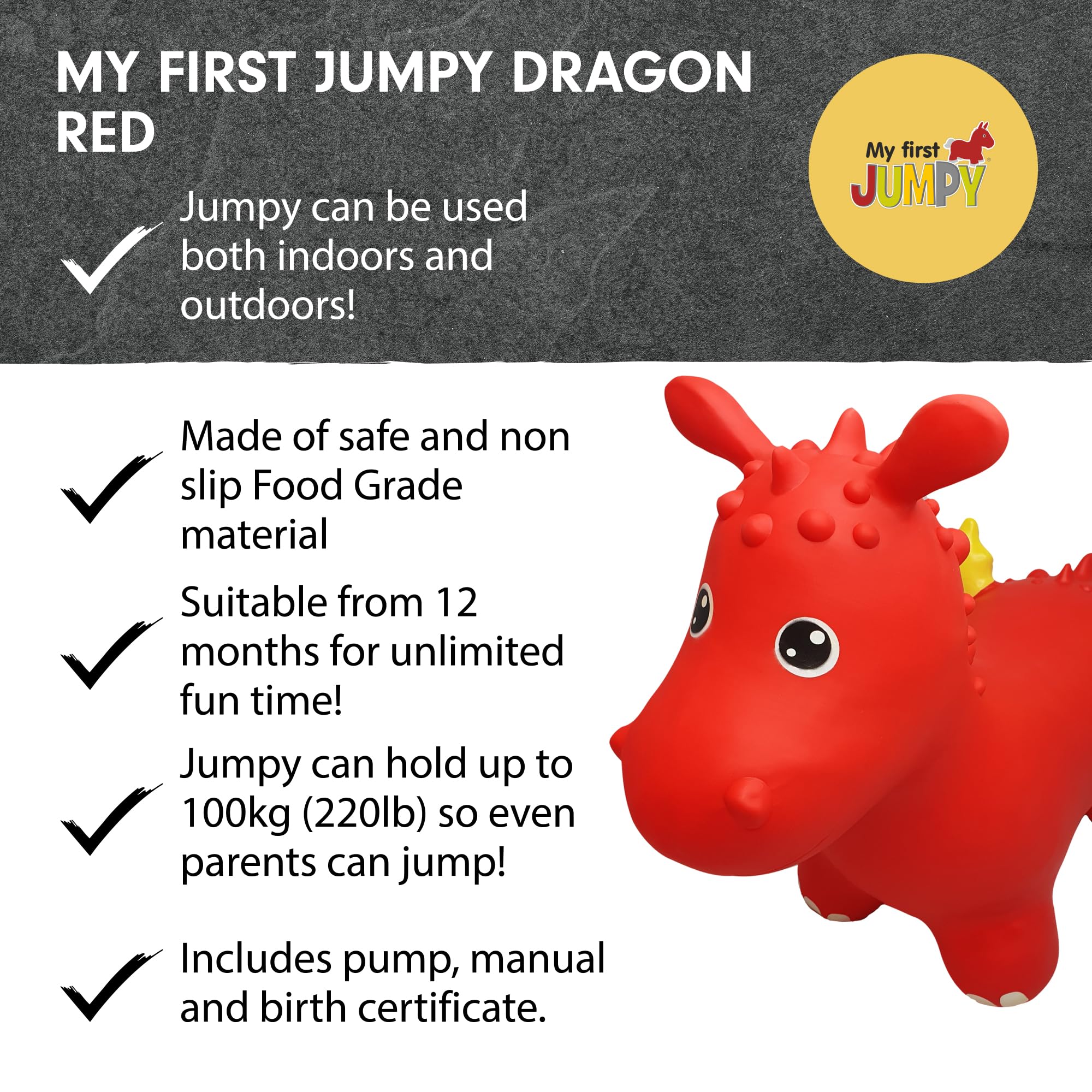 GERARDO'S My First Jumpy Dragon Rouge - Trampoline - Voiturette - Enfant - Inclut Pompe - Rouge - 1 Joueur - Caoutchouc - Pas de Piles Requises - Manuel - Ride on