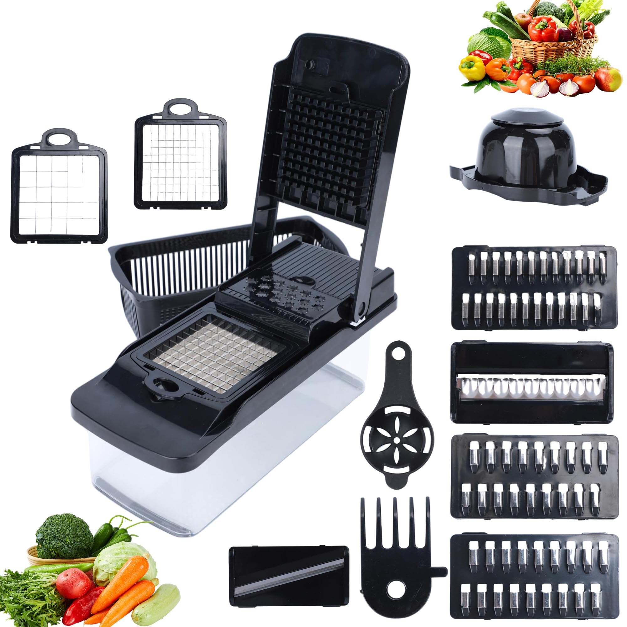Picador de verduras 14 en 1 con cuchillas de acero inoxidable – Picador multifuncional de cebolla, cortador de mandolina, cortador de alimentos, juego de cortador de cocina y electrodomésticos y 2