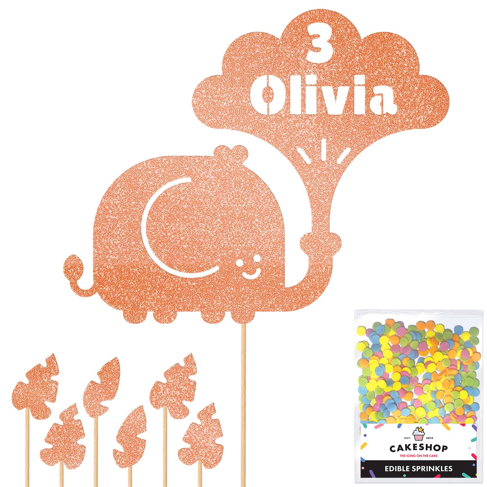 Personalised Jungle Elephant Glitter Cake Topper Rose Gold Any Custom Age & Name Glitter Cake Decoration and Sprinkles - Happy Birthday Decorations - Personalised Toppers for Cakes by Cakeshop โ image 1