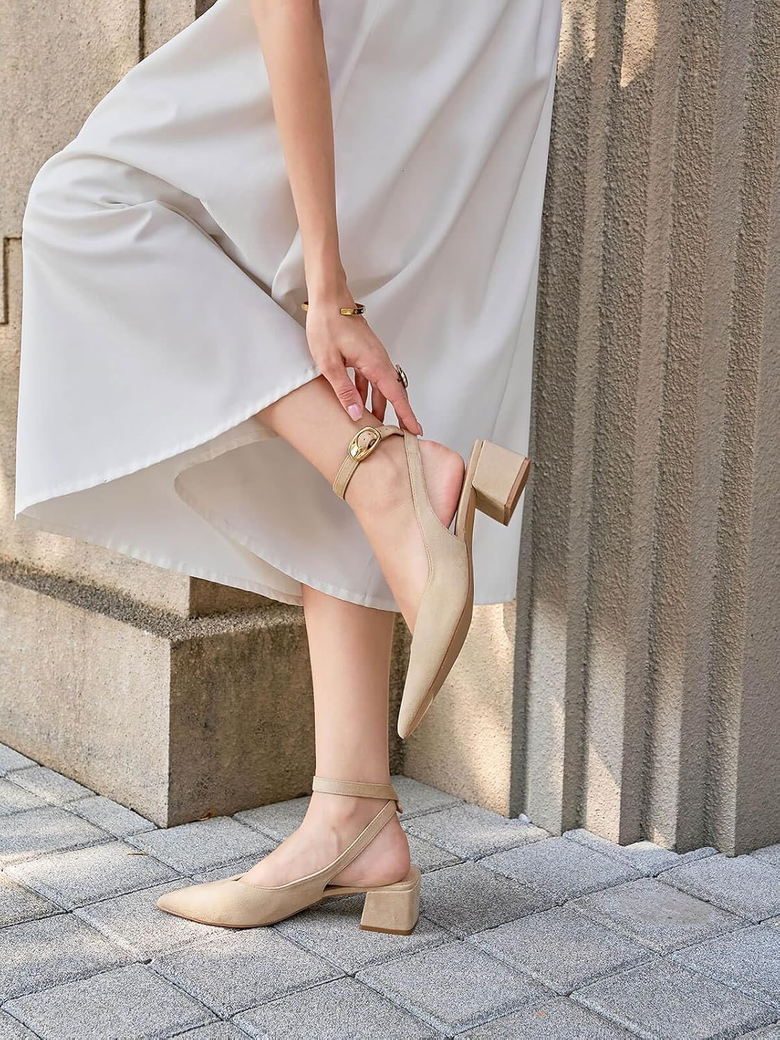 Coutgo Womens Closed Pointed Toe Heels Chunky Block Low Heel Ankle Strap Pumps Wedding Work Dress Shoes - Image 3