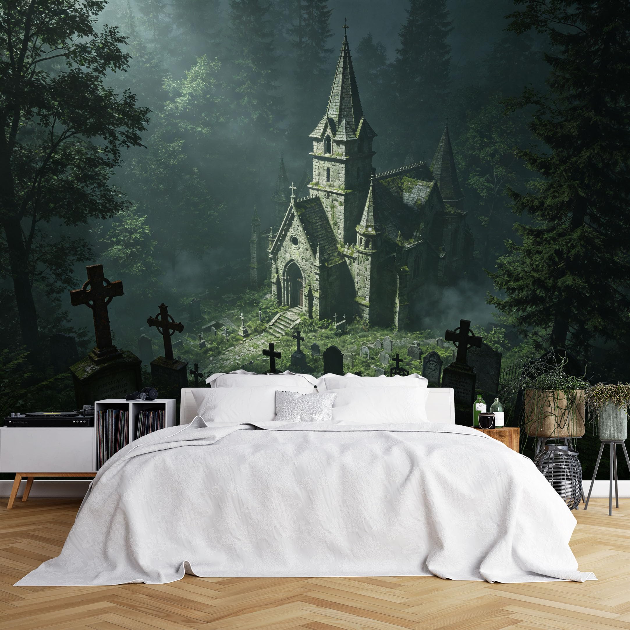 Lcythiazole Ch260615122 Custom Size Wall Murals Misty Forest Old Church Graveyard Scene Wall Murals Realistic Gothic Wallpaper Wall Covering Fabric Self-Adhesive Removable Wallpaper For Game Room