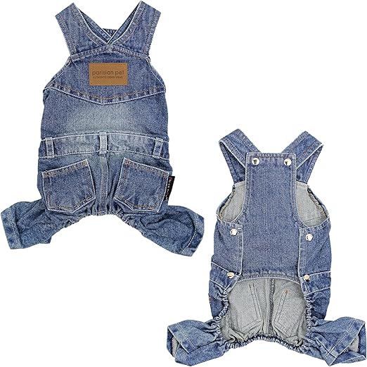 Parisian Pet Denim Overall - Blue Dog Jeans Outfit - Breathable Puppy Jumpsuit Costumes - Machine Washable Overall for Dogs - Dog Clothes for Large Dogs - L