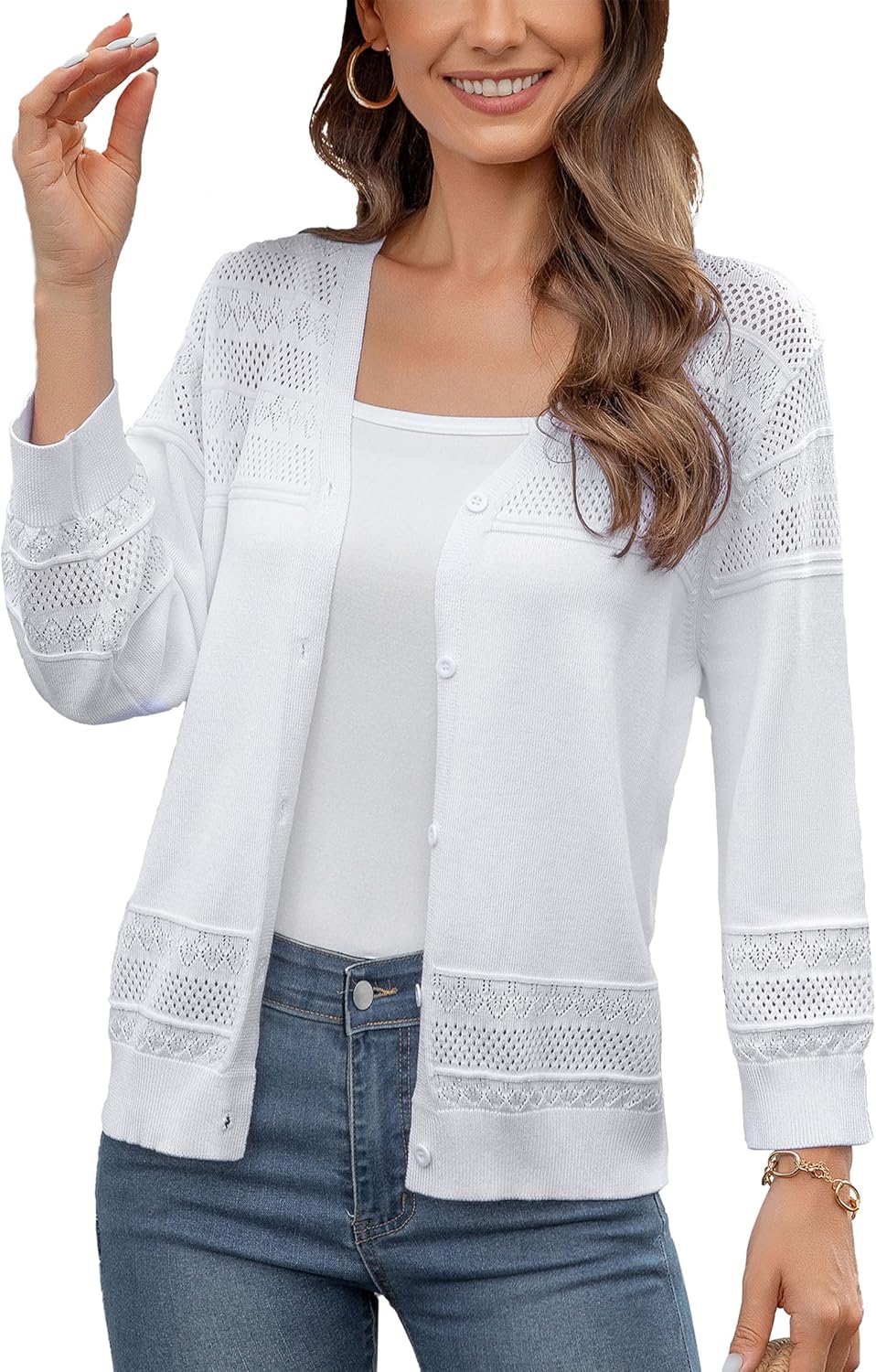 Women’s Casual Lightweight 3/4 Sleeve Cardigan Trendy Soft Button Down Hollow Out Cardigans Sweaters