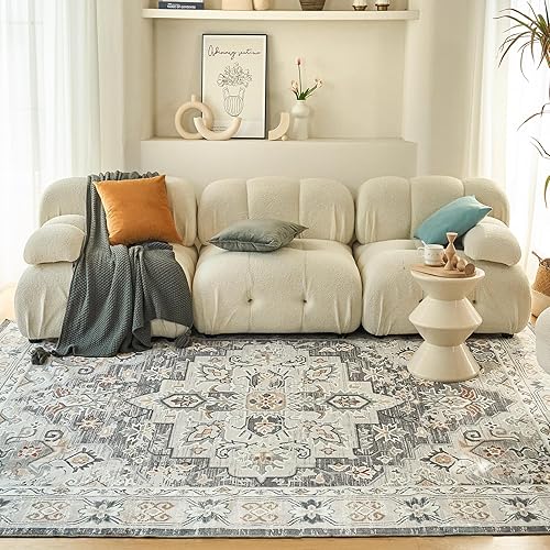 Miniatura 6 de OIGAE Alfombra lavable de 8 x 10 pies, diseño de medallón vintage con parte trasera antideslizante, no desprende pelusa, para sala de estar,