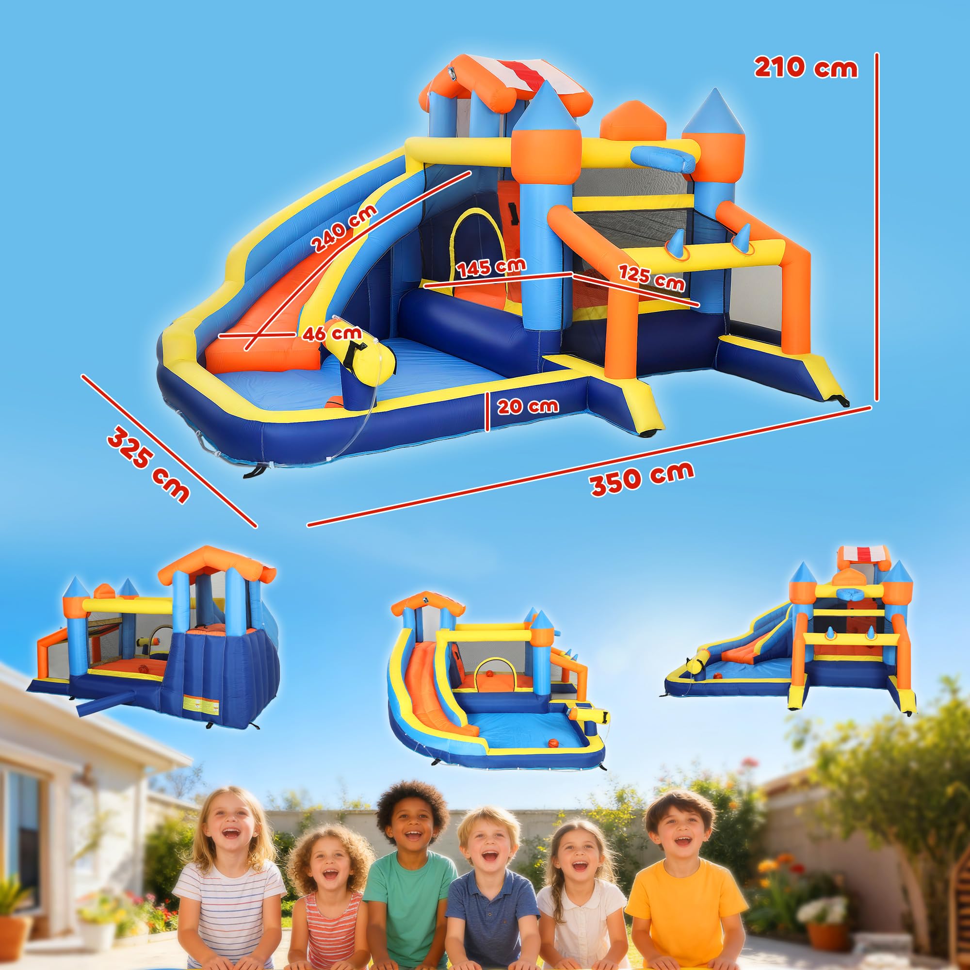 AIYAPLAY Castillo Hinchable Acuático 8 en 1 con Soplador 550W Castillo Hinchable Niños con Tobogán Extralargo Seco/Mojado Zona de Salto Escalada Piscina Portería Canasta Exterior Interior 350x325x210
