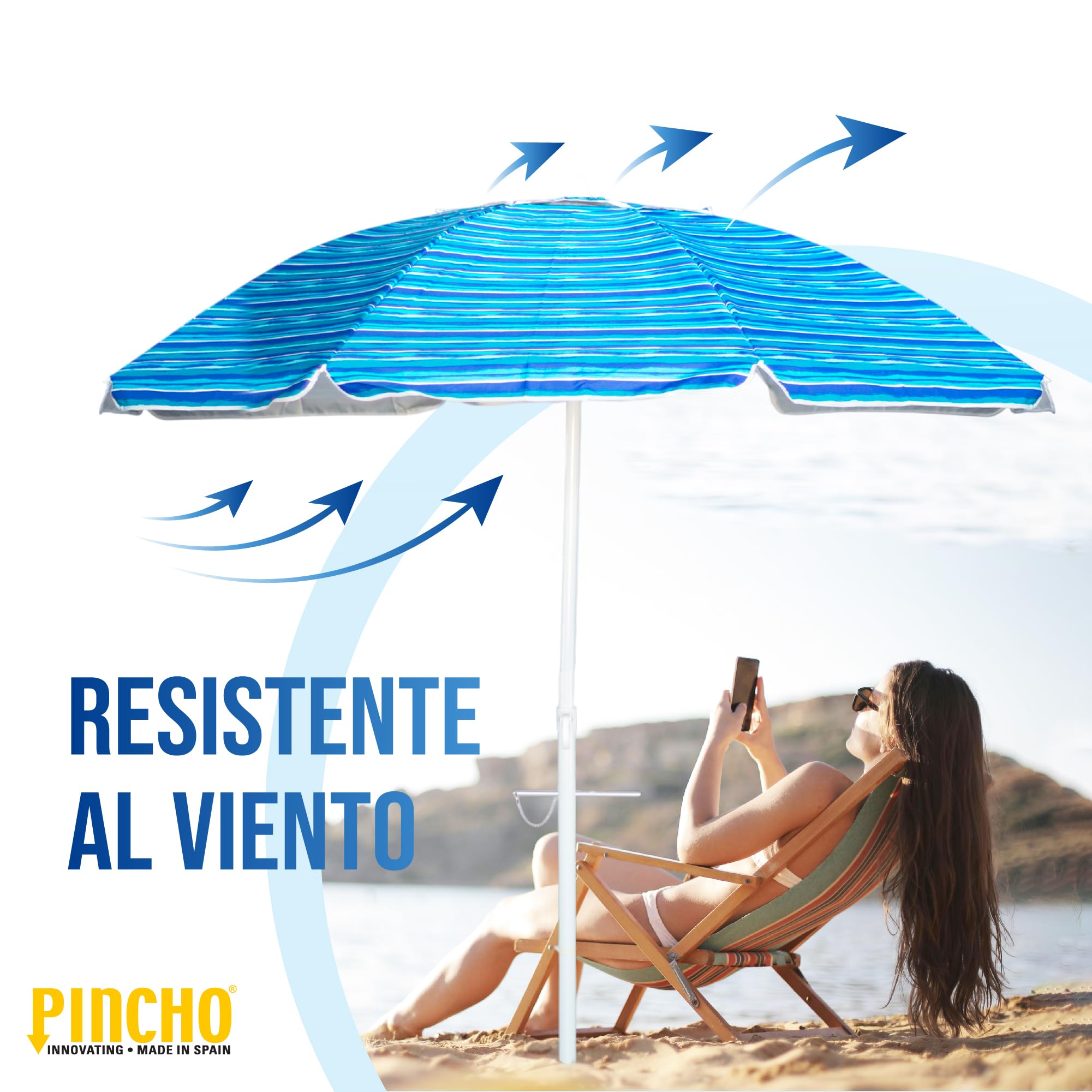 Pincho Grand parasol de plage 200 cm, anti-vent jusqu'à 35 km/h, protection UV 50, aluminium, 8 + 8 baleines, fibre de verre, tube de 28-32 mm, manche inclinable, montage rapide 30 secondes, sac de