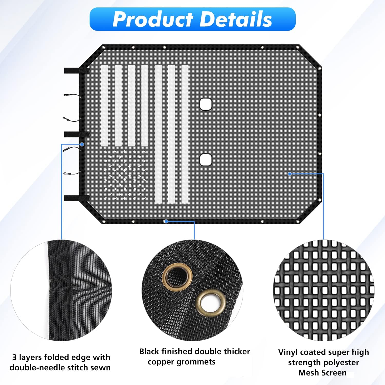 Jimen for JKU Sun Shade, Mesh Bikini Top Sunshade for 2007-2018 Jeep Wrangler JK & Unlimited 4 Door Only (American USA Flag)