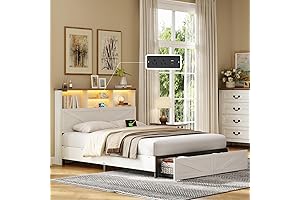 White Bed with Storage: Queen Bed Frame with Bookshelf, Bookcase High Headboard with Charging Station