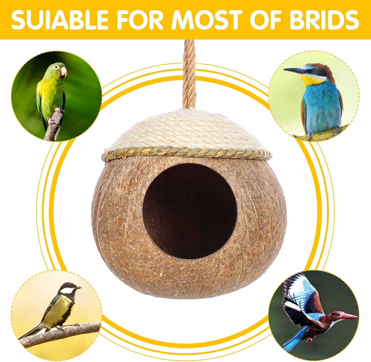 3 Pcs Natural Coconut Bird Hide Nest Hut for Cage with Woven Straw Bird Parakeet Coconut Fiber Hanging Birdhouse Cage Habitats Decor for Parrot Cockatiel Lovebird Finch Squirrel Hamster