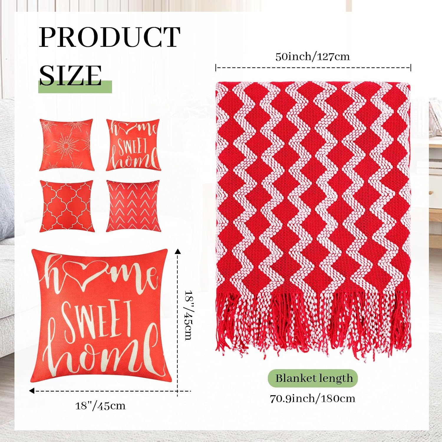 Mixweer Pillow Covers 18x18 Set of 9 Including 1 Cotton Muslin Throw Blanket and 8 Pcs Pillow Covers Decorative Square Throw Pillow Covers for Living Room Bedroom Sofa Couch(Red)