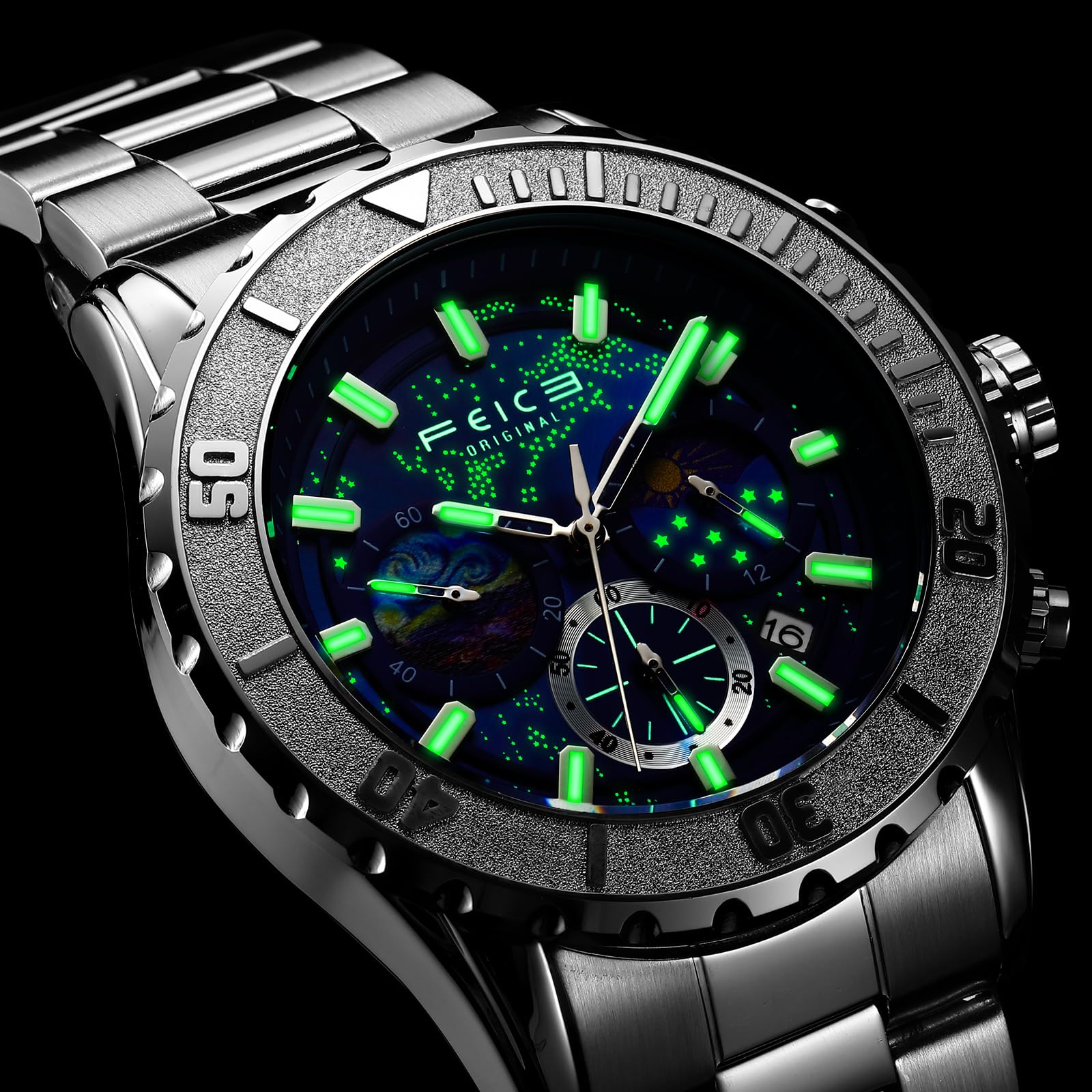 FEICE Orologio al Quarzo da Uomo Quadrante Multiplo 24 Ore Calendario Moda Business Orologio Casual Unico Nero FK131