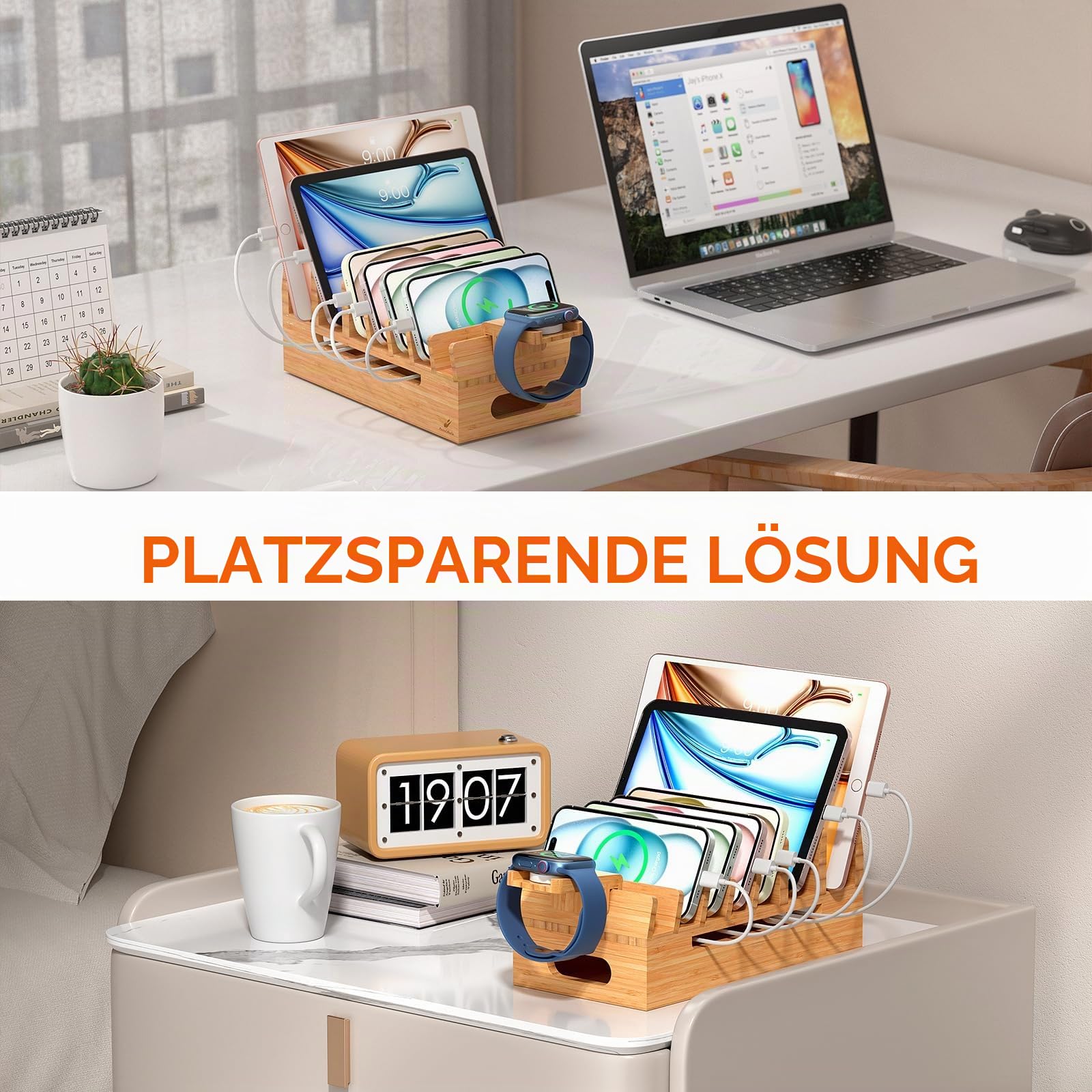 Pezin & Hulin Bambus-Ladestation mit Uhrenständer, Docking-Halterung für mehrere Geräte mit 5 Ladekabeln, Desktop-Dockstationen, elektronischer Organizer für Handy, Tablet, Uhr, natürlicher Bambus