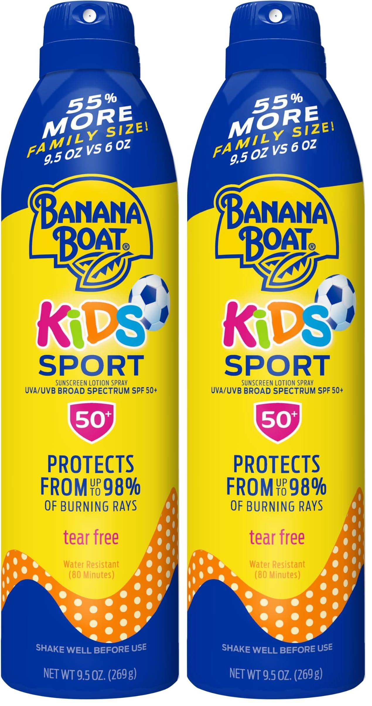 Banana Boat Kids Sport Sunscreen Spray SPF 50, 9.5oz, Childrens Sunscreen, Spray On Sunscreen SPF 50, Family Size Sunscreen, 9.5oz (Pack of 2) 50 Sun Protection Factor (SPF) 9.5 Ounce (Pack of 2)