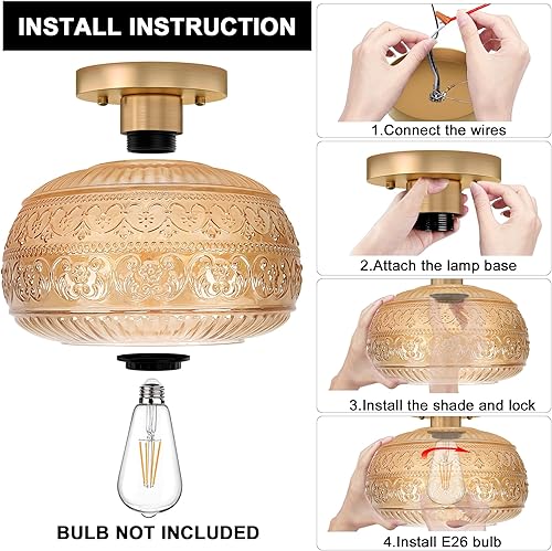 Miniatura 6 de Lámpara de techo semiempotrada, 11 pulgadas, luces doradas vintage para pasillo con vidrio ámbar para cocina, pasillo, baño y entrada, compatible